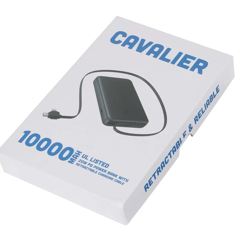 Retail packaging for the Cavalier 10000mAh Power Bank with Retractable Charging Cable