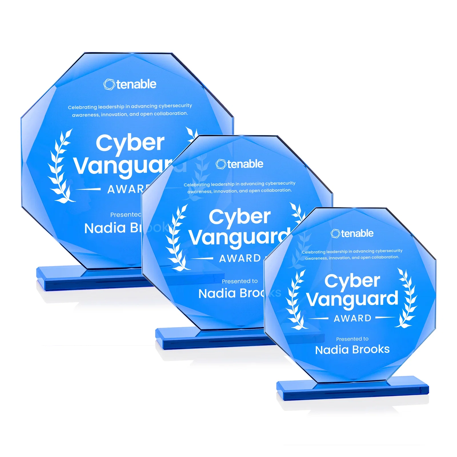 Custom Starfire Crystal Octagon Award on Blue Base, awards for employee recognition