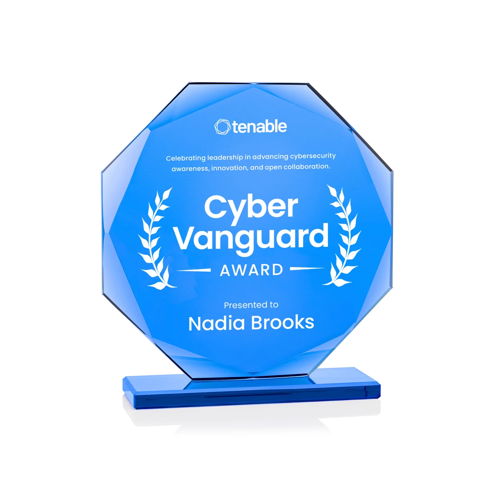 Custom Starfire Crystal Octagon Award on Blue Base, awards for corporate award ceremonies