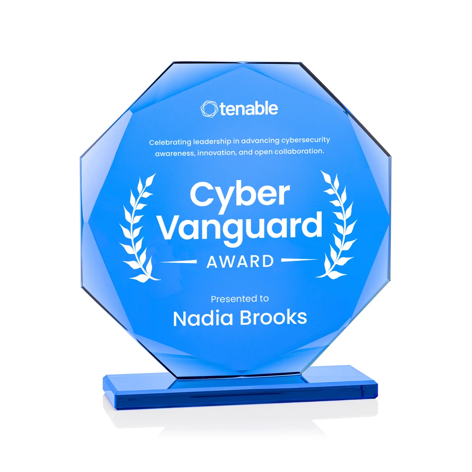 Custom Starfire Crystal Octagon Award on Blue Base, awards for service anniversary gifts