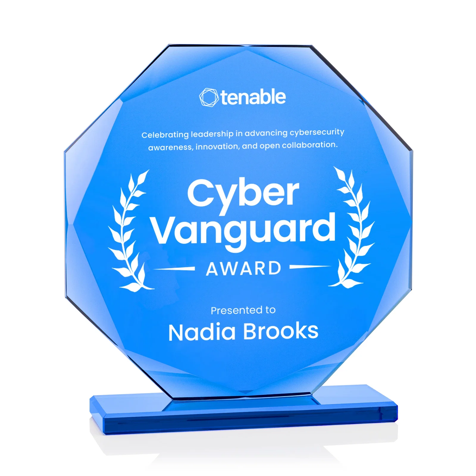 Custom Starfire Crystal Octagon Award on Blue Base, awards for sales achievement awards