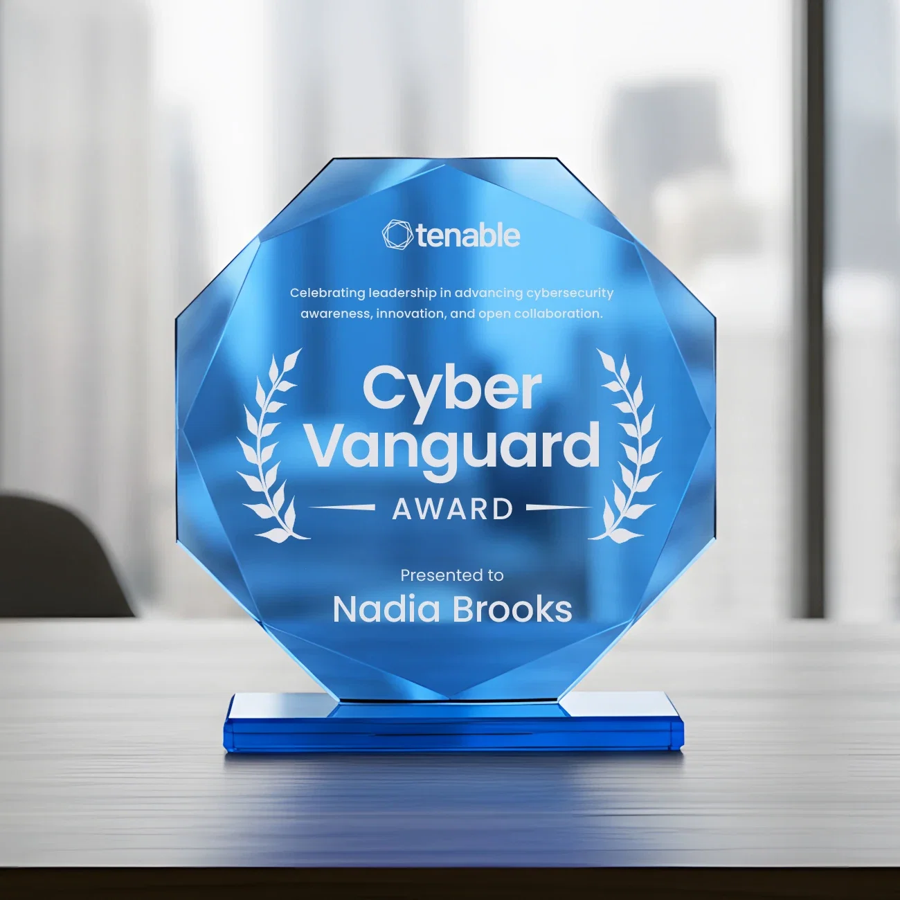 Custom Starfire Crystal Octagon Award on Blue Base, awards for retirement presentations