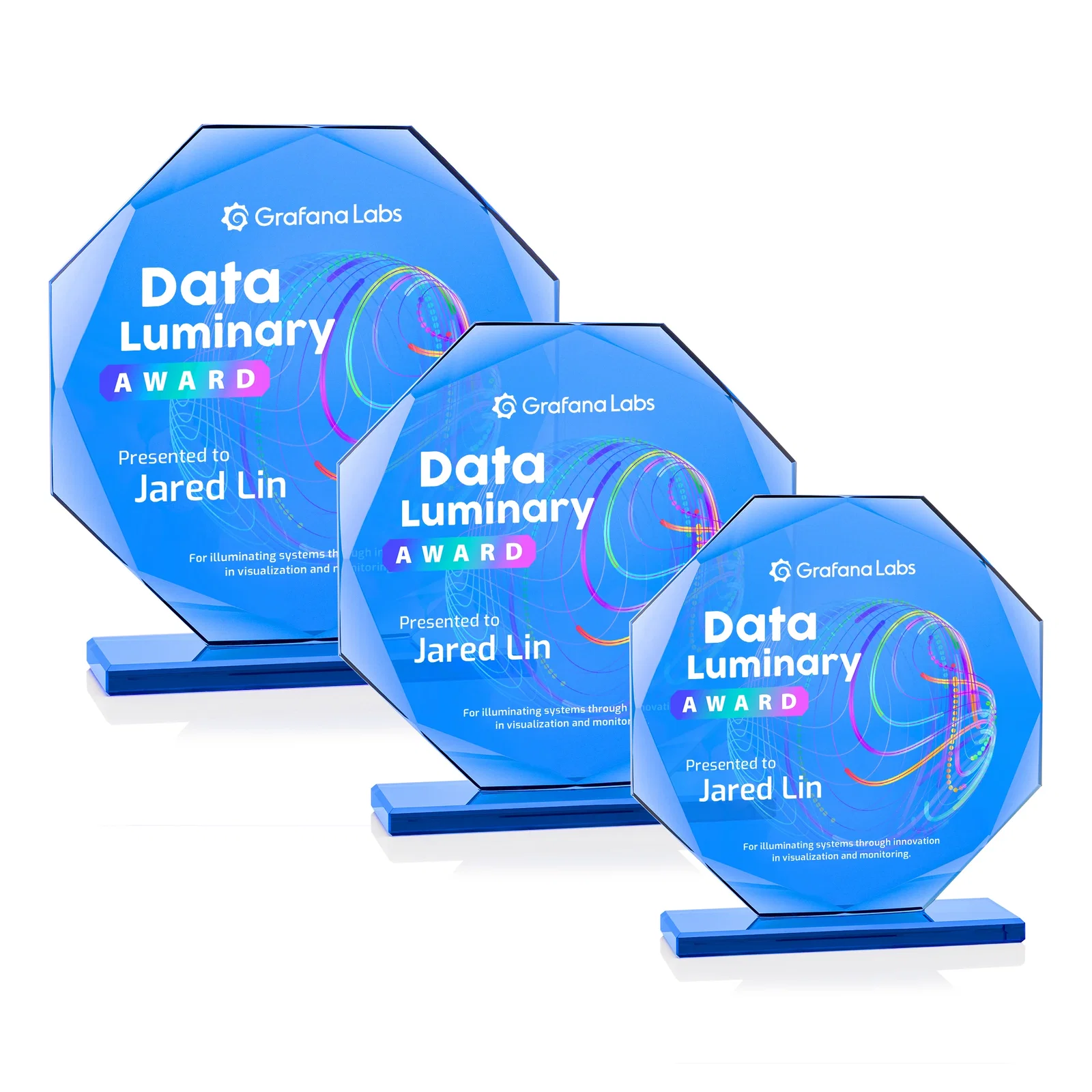Custom Starfire Crystal Octagon Award on Blue Base, awards for team milestone celebrations
