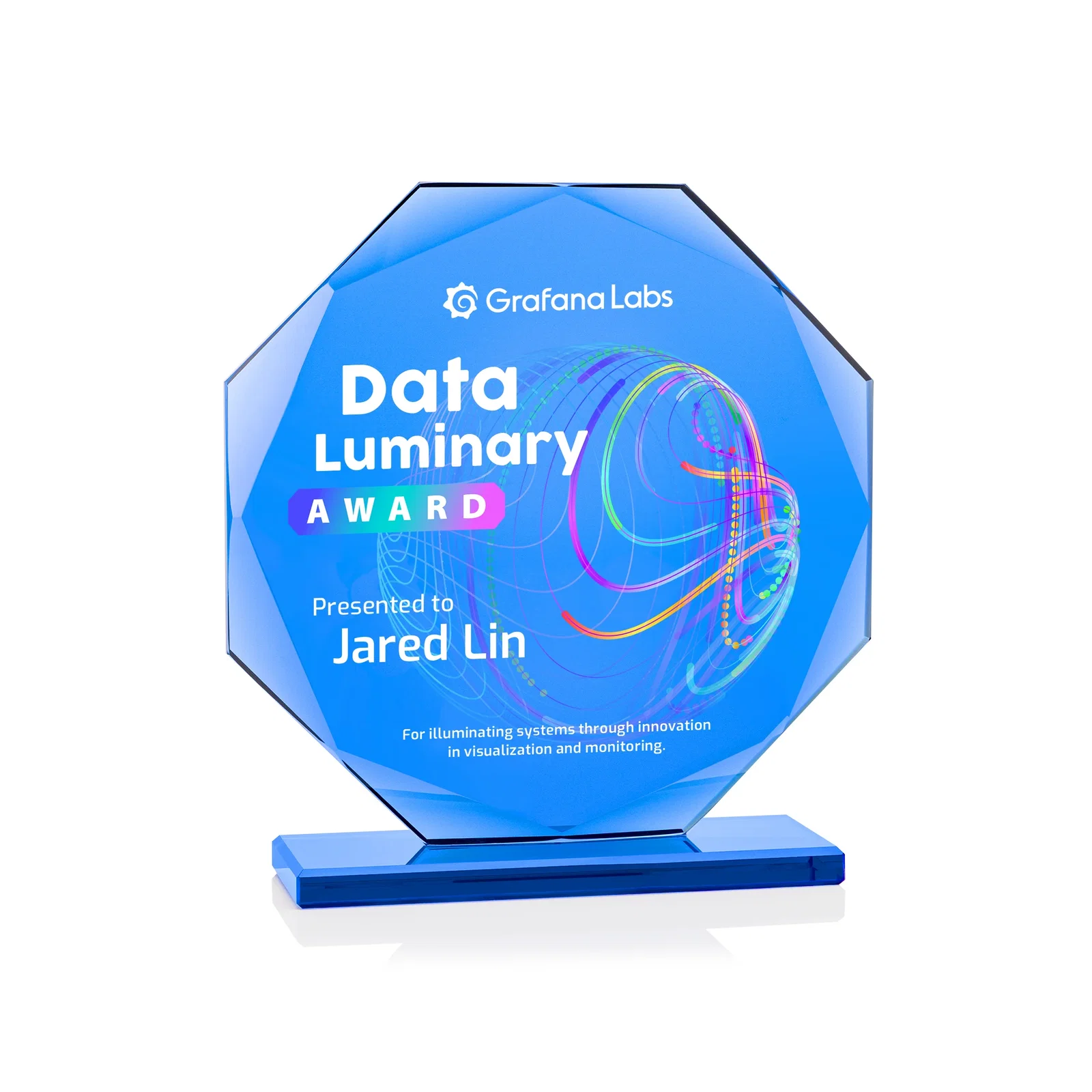 Custom Starfire Crystal Octagon Award on Blue Base, awards for donor appreciation