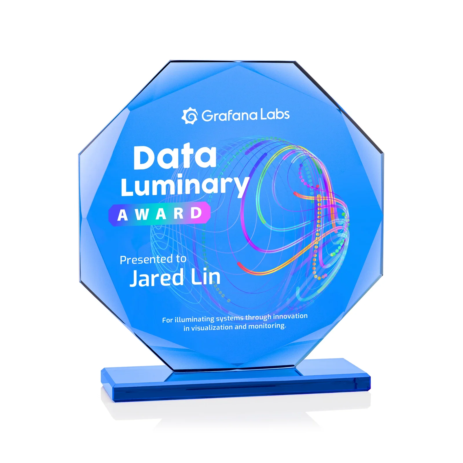 Custom Starfire Crystal Octagon Award on Blue Base, awards for graduation ceremonies