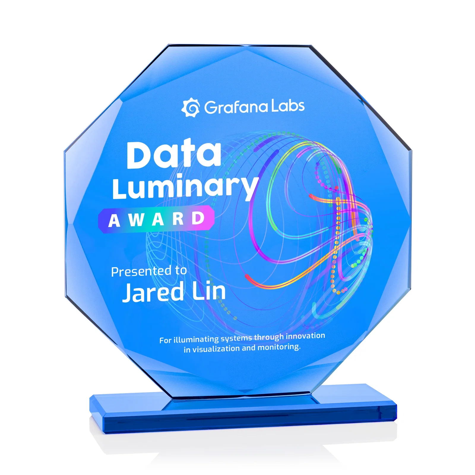 Custom Starfire Crystal Octagon Award on Blue Base, awards for safety achievement programs