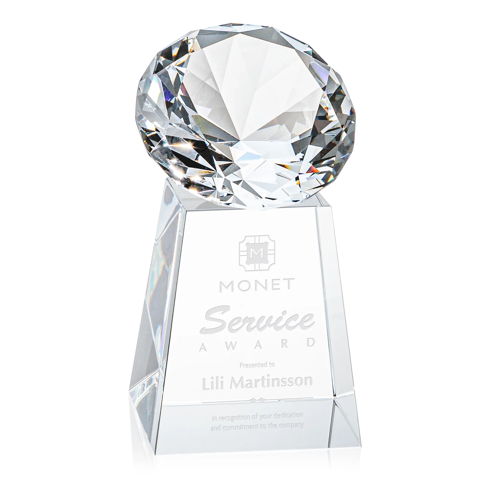 Custom Optical Crystal Gemstone Award with 1.5 x 2 Inch Compact Panel for volunteer appreciation