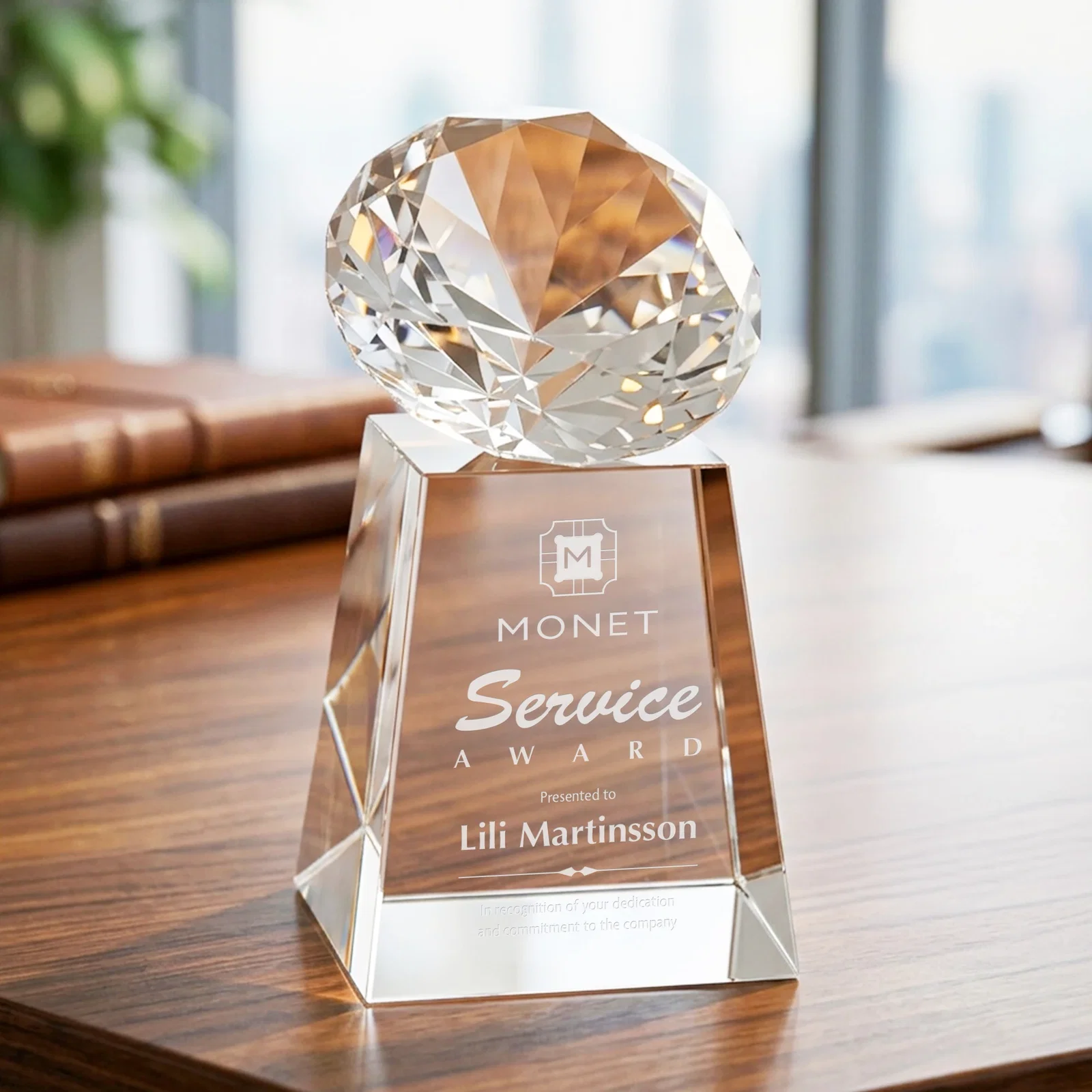 Custom Optical Crystal Gemstone Award with 1.5 x 2 Inch Compact Panel for dealer and partner awards