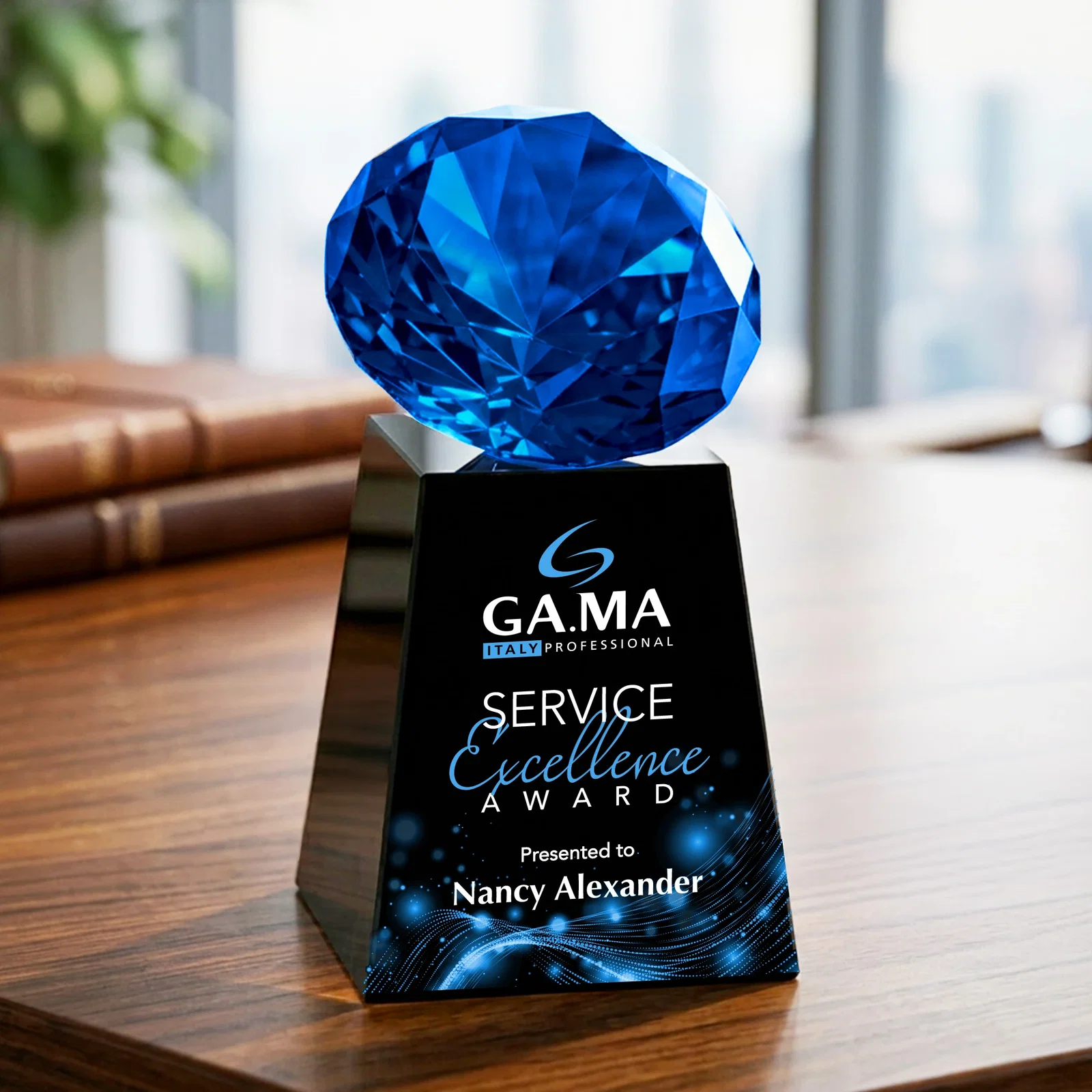 Personalized Optical Crystal Gemstone Award with 1.5 x 2 Inch Compact Panel, with your logo for team milestone celebrations
