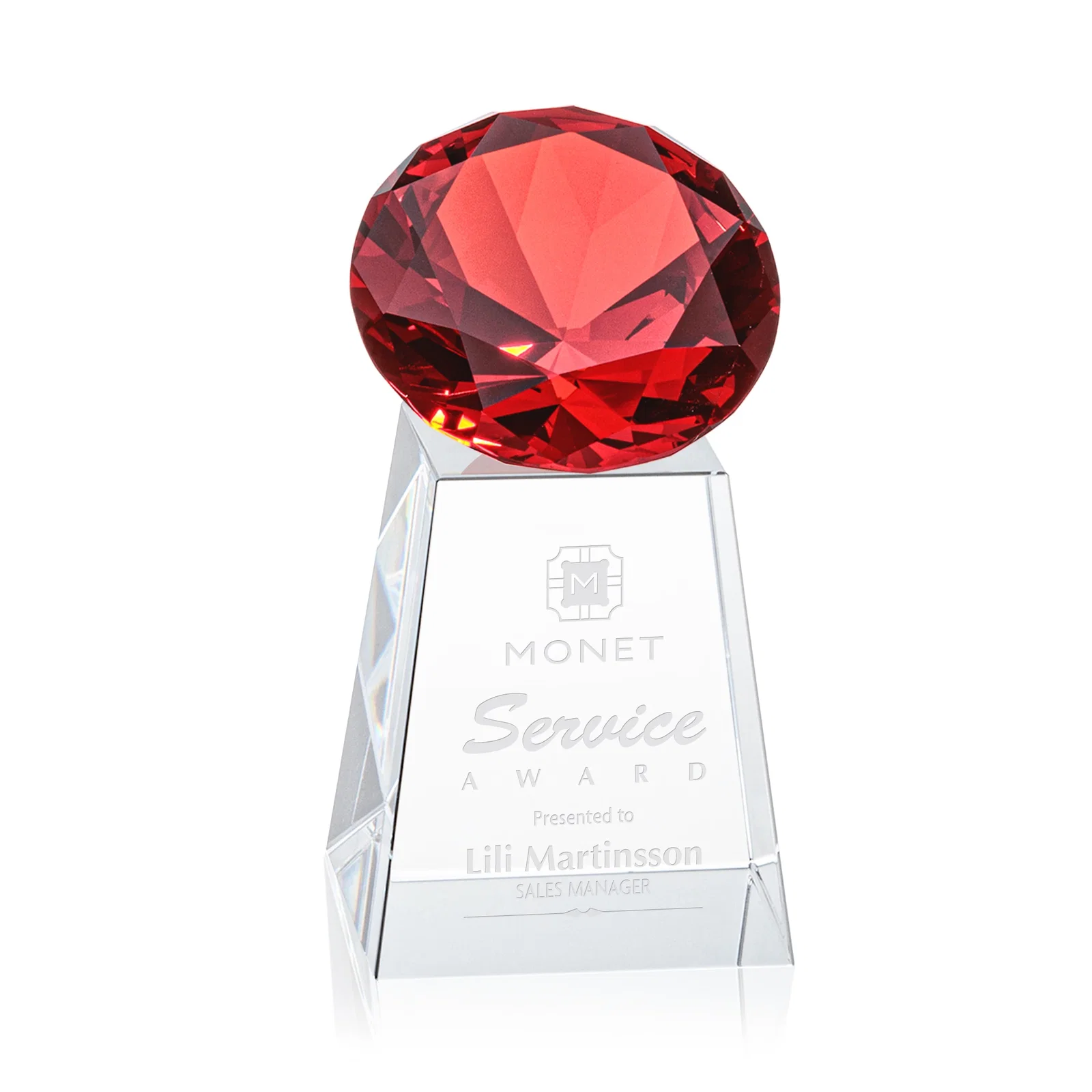 Personalized Optical Crystal Gemstone Award with 1.5 x 2 Inch Compact Panel for employee recognition