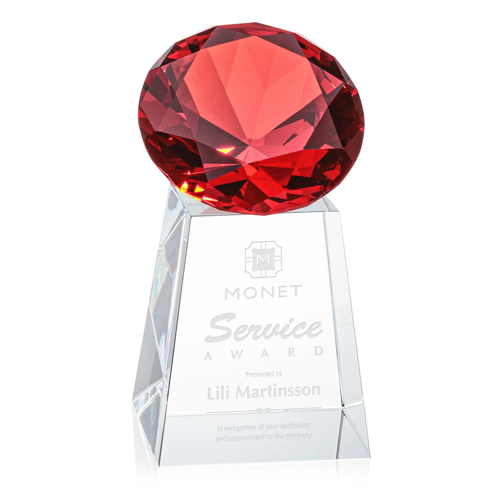 Personalized Optical Crystal Gemstone Award with 1.5 x 2 Inch Compact Panel for service anniversary gifts