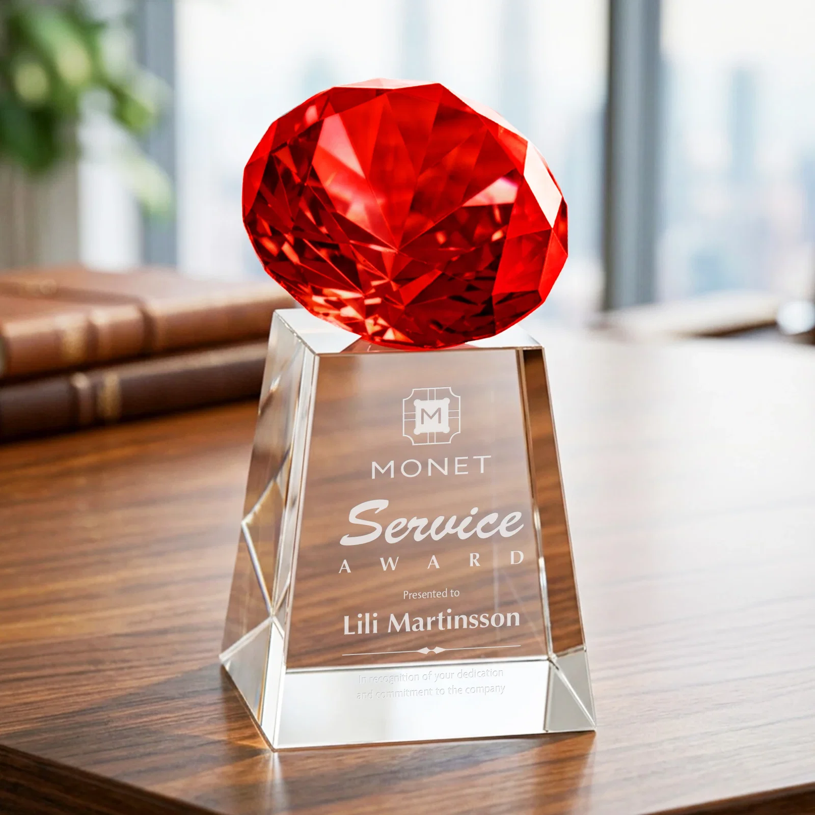 Personalized Optical Crystal Gemstone Award with 1.5 x 2 Inch Compact Panel for sales achievement awards