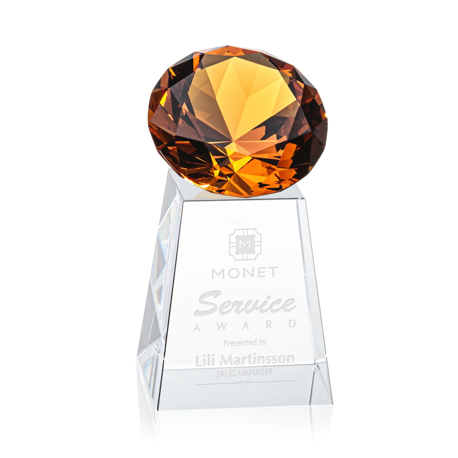 Custom Optical Crystal Gemstone Award with 1.5 x 2 Inch Compact Panel for corporate award ceremonies
