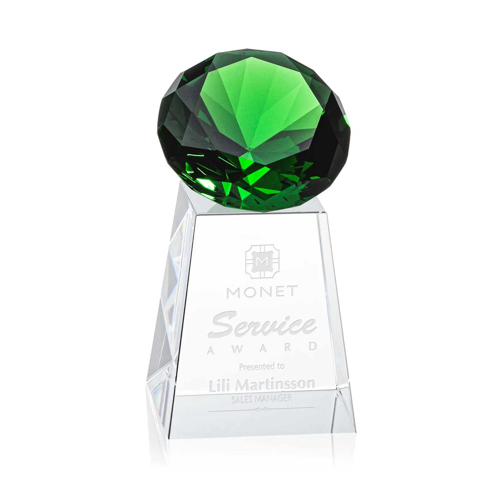 Personalized Optical Crystal Gemstone Award with 1.5 x 2 Inch Compact Panel for team milestone celebrations