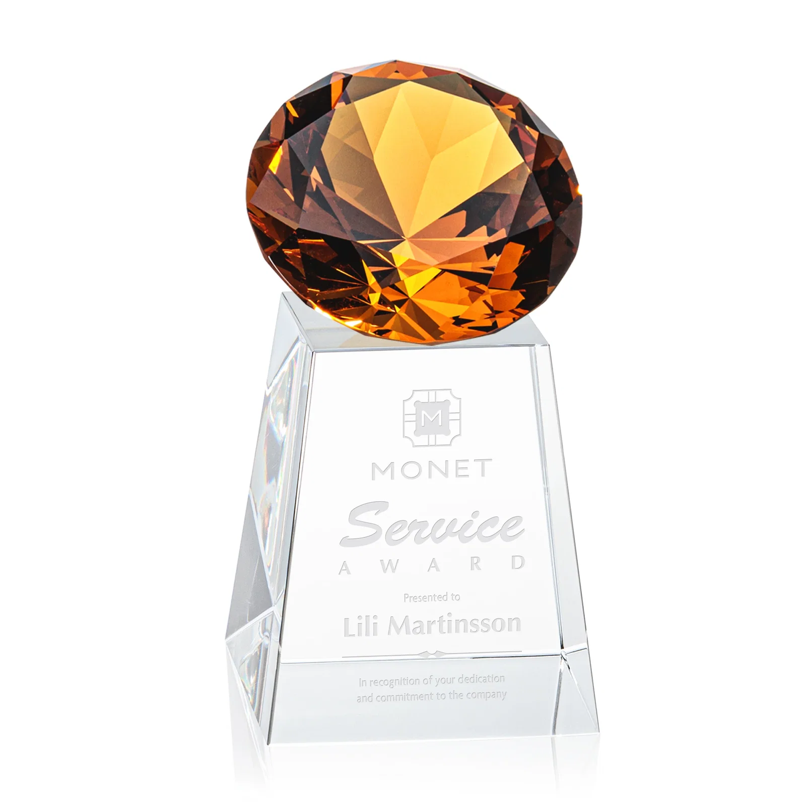 Custom Optical Crystal Gemstone Award with 1.5 x 2 Inch Compact Panel for service anniversary gifts