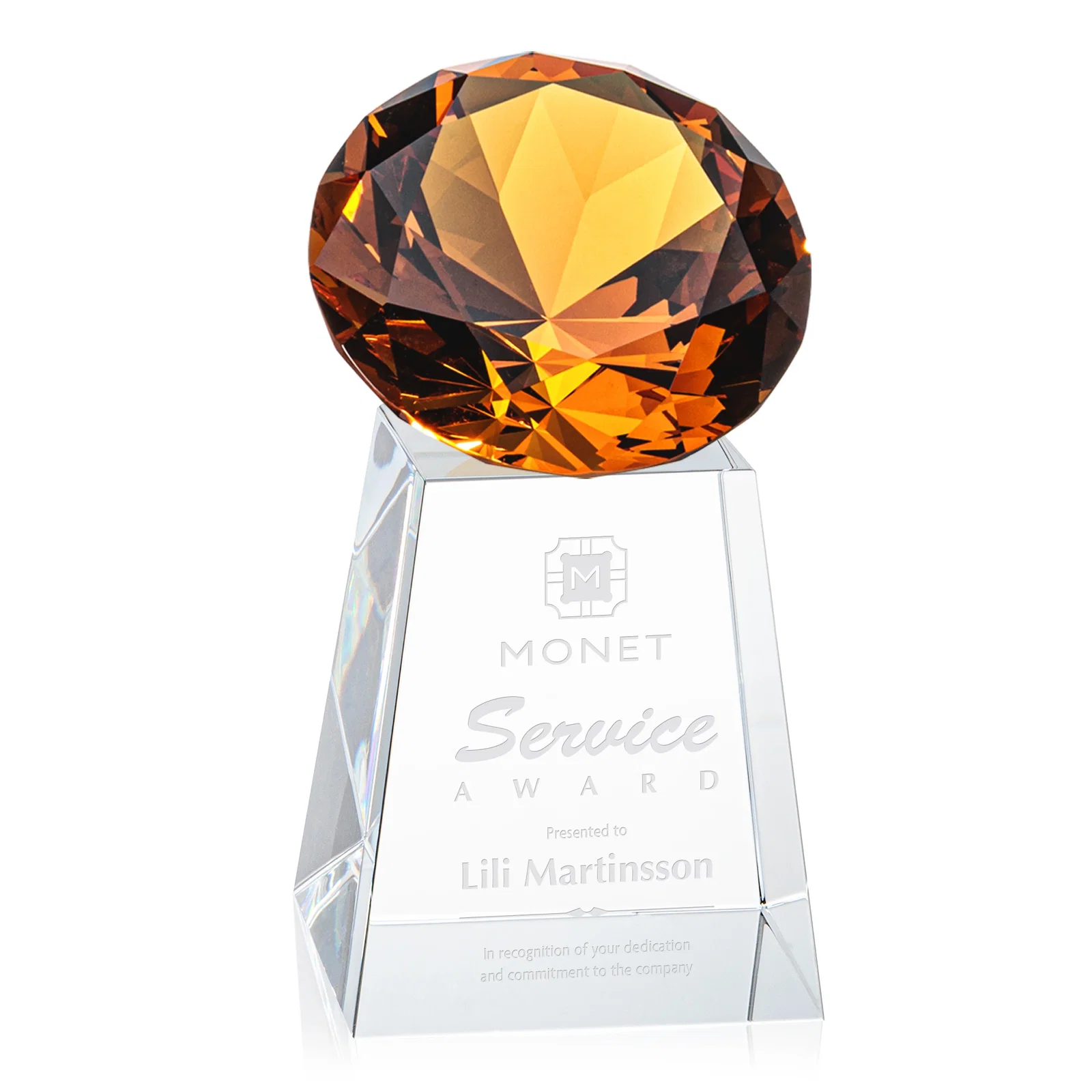 Custom Optical Crystal Gemstone Award with 1.5 x 2 Inch Compact Panel for sales achievement awards