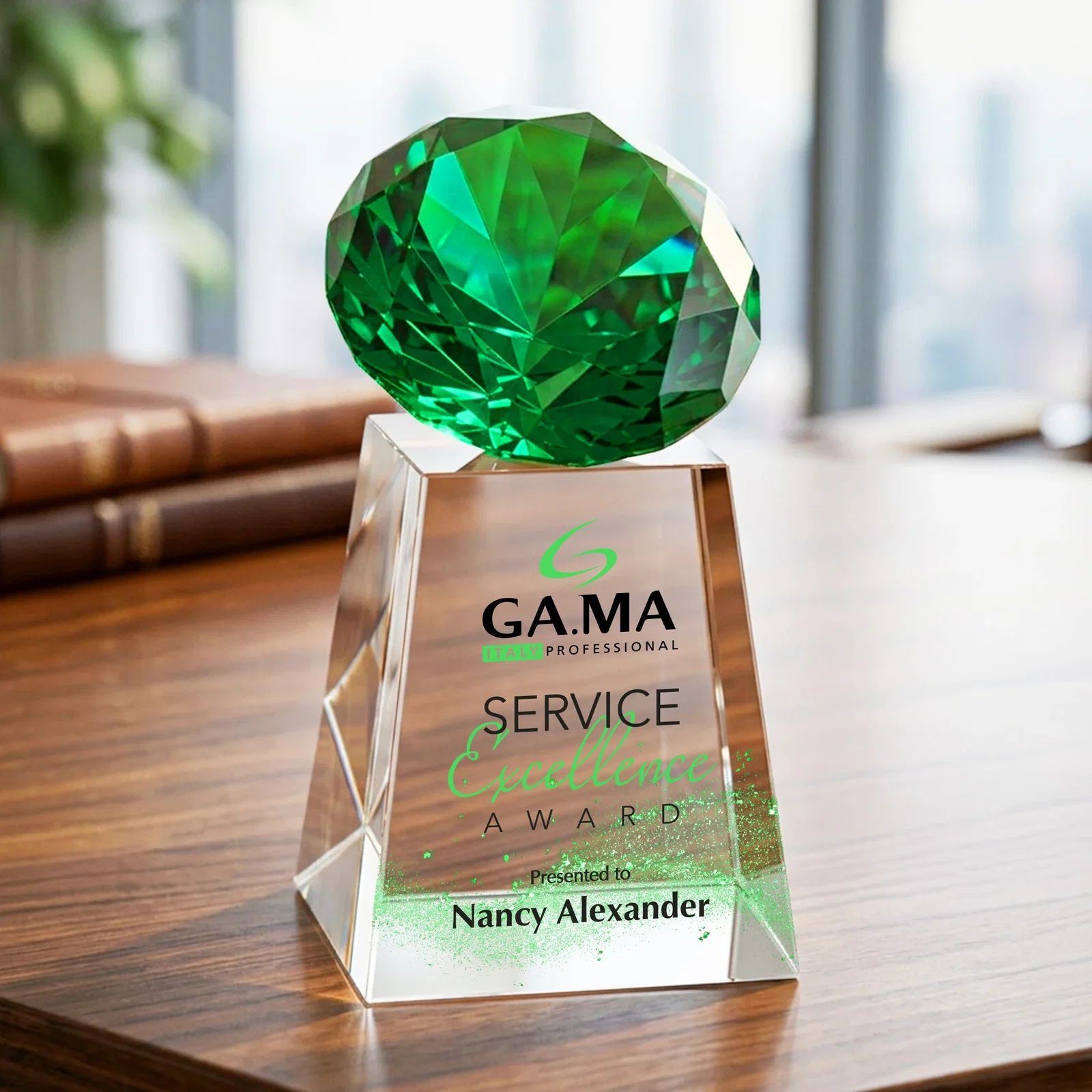 Branded Optical Crystal Gemstone Award with 1.5 x 2 Inch Compact Panel for retirement presentations