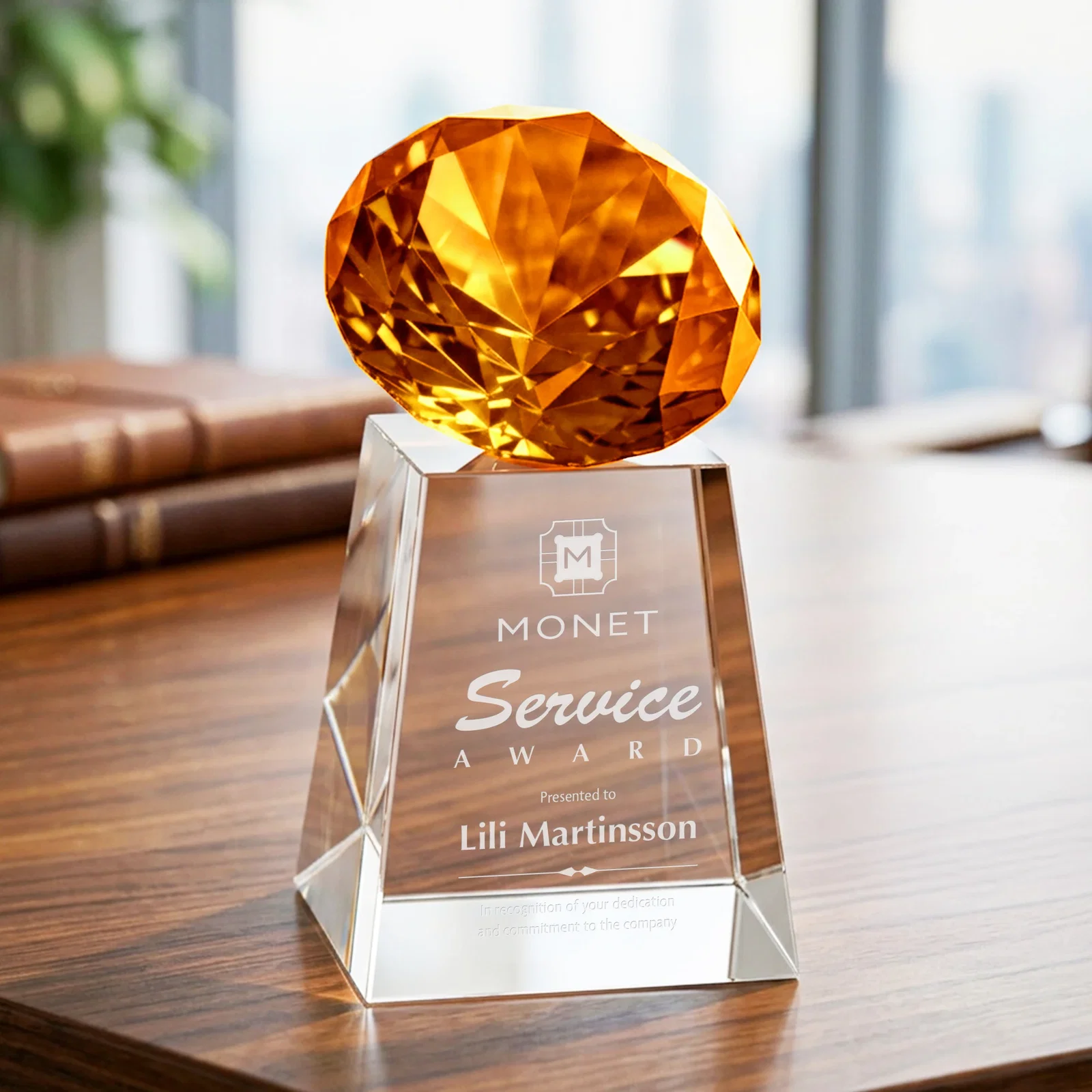 Custom Optical Crystal Gemstone Award with 1.5 x 2 Inch Compact Panel for team milestone celebrations