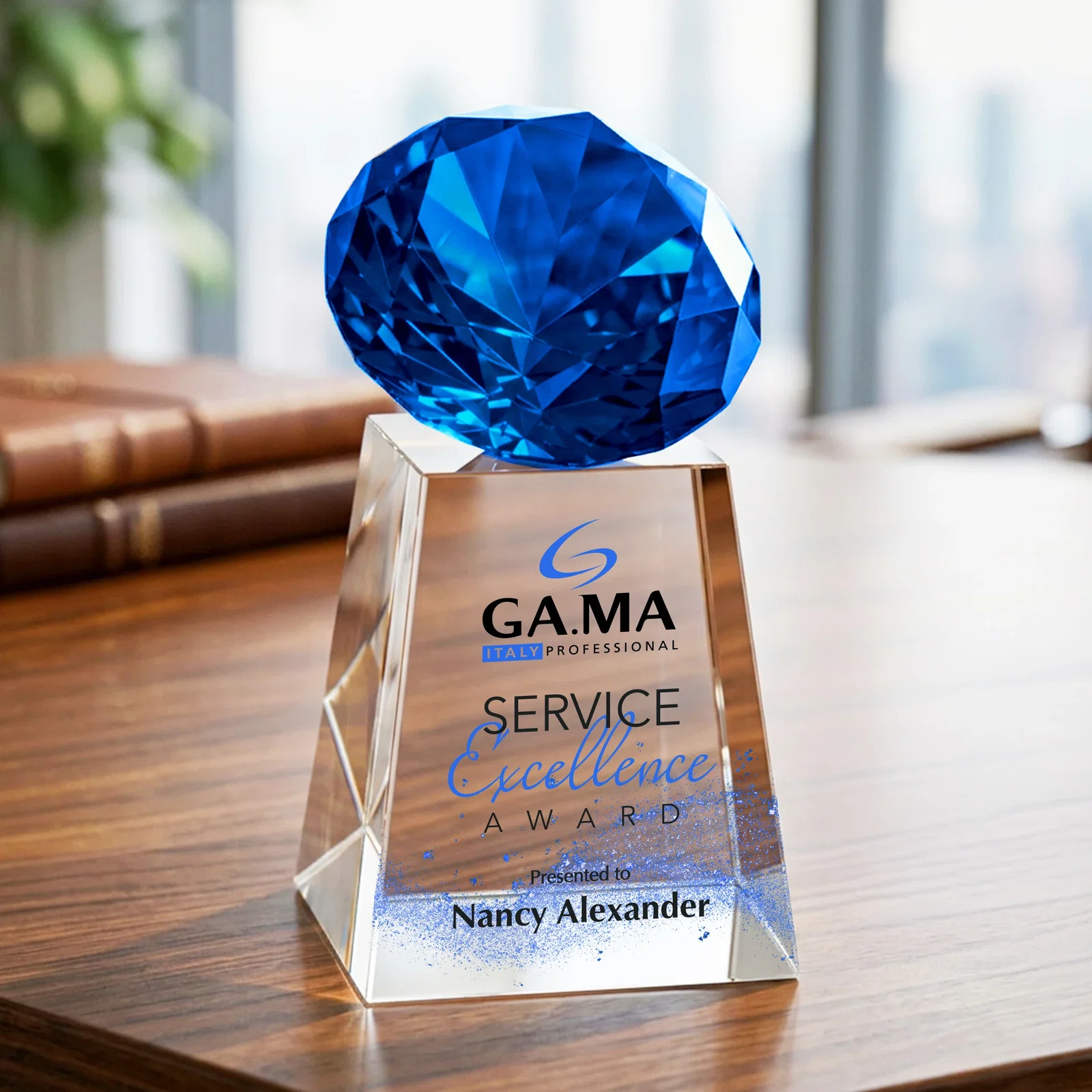 Custom printed Optical Crystal Gemstone Award with 1.5 x 2 Inch Compact Panel for service anniversary gifts