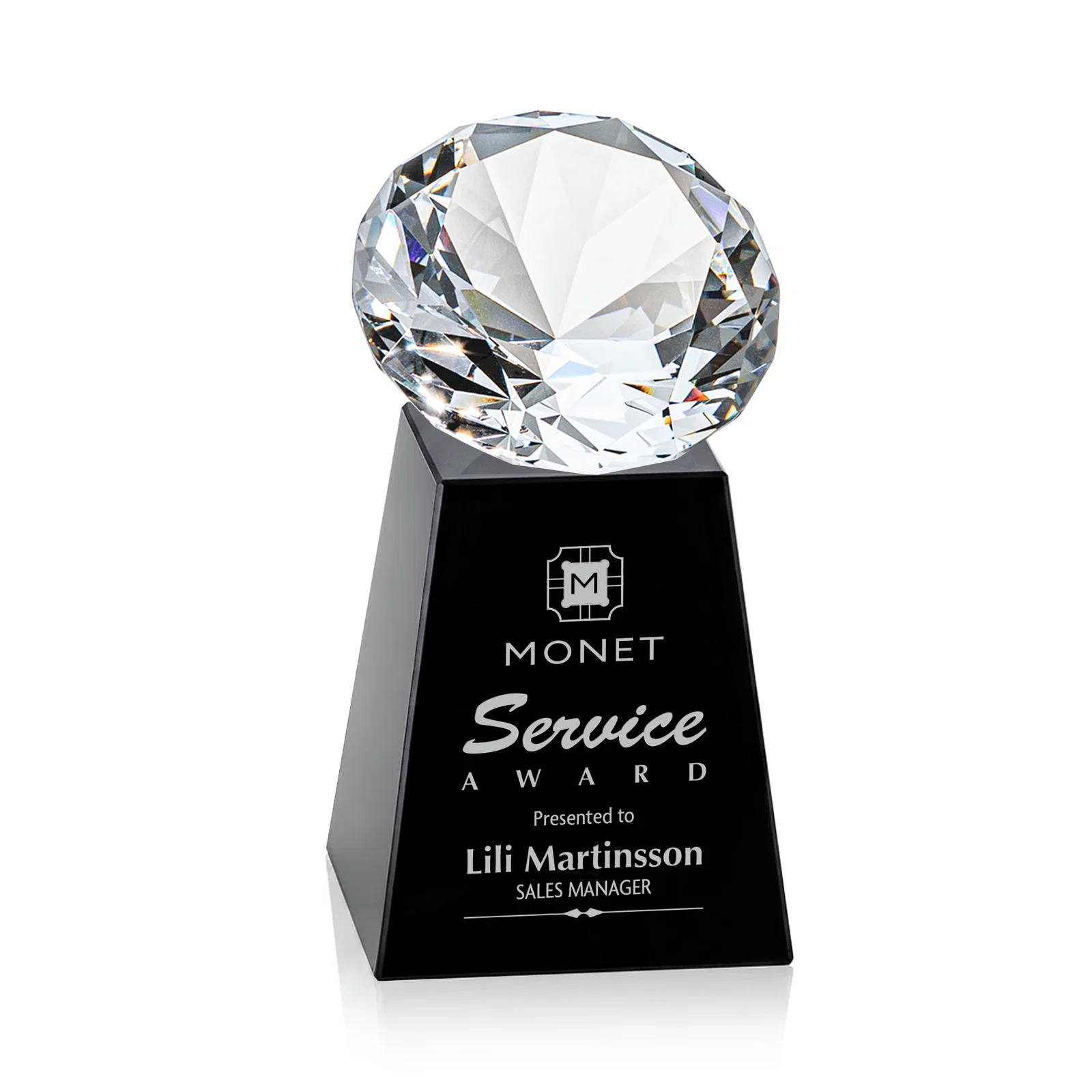 Custom printed Optical Crystal Gemstone Award with 1.5 x 2 Inch Compact Panel for retirement presentations