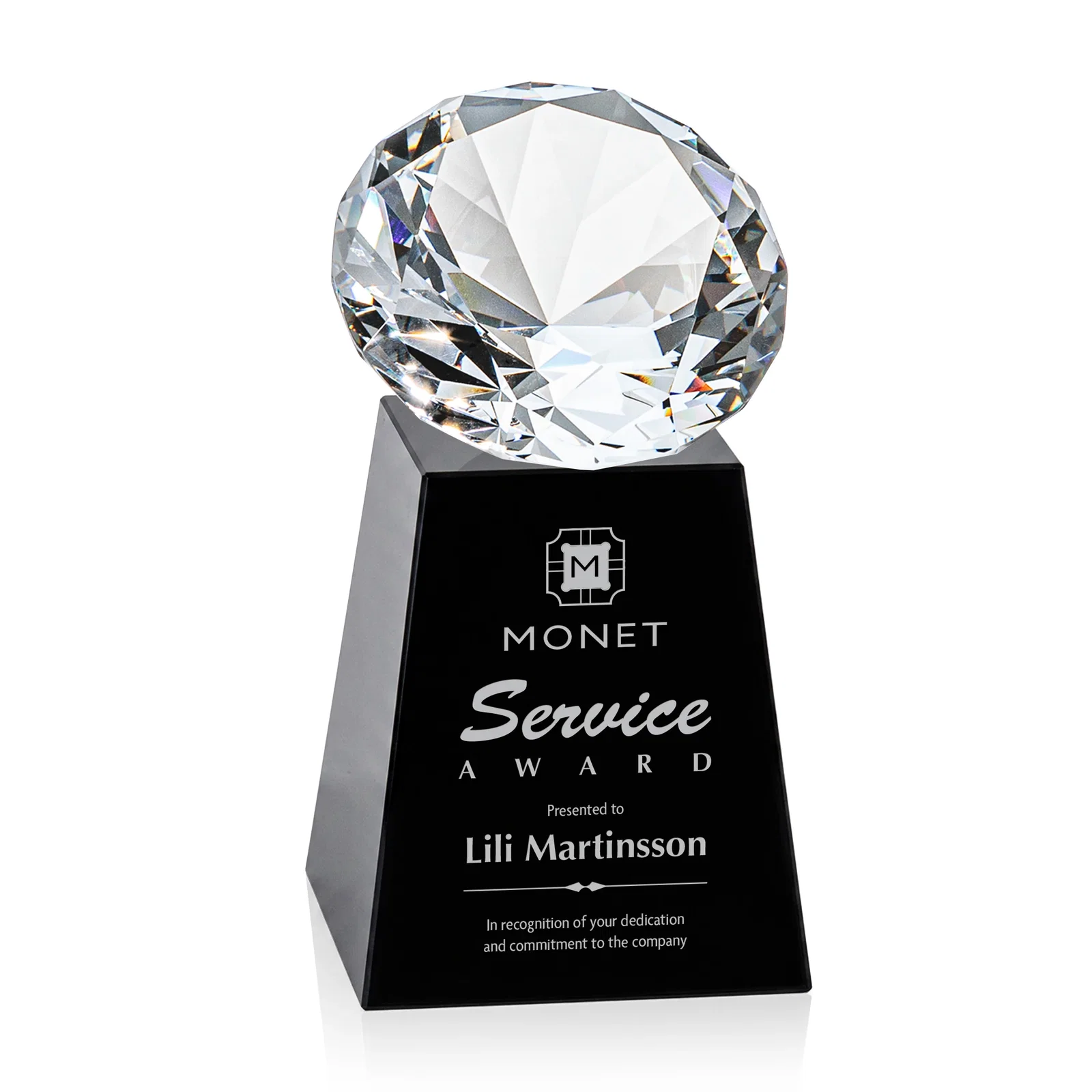 Custom printed Optical Crystal Gemstone Award with 1.5 x 2 Inch Compact Panel for team milestone celebrations