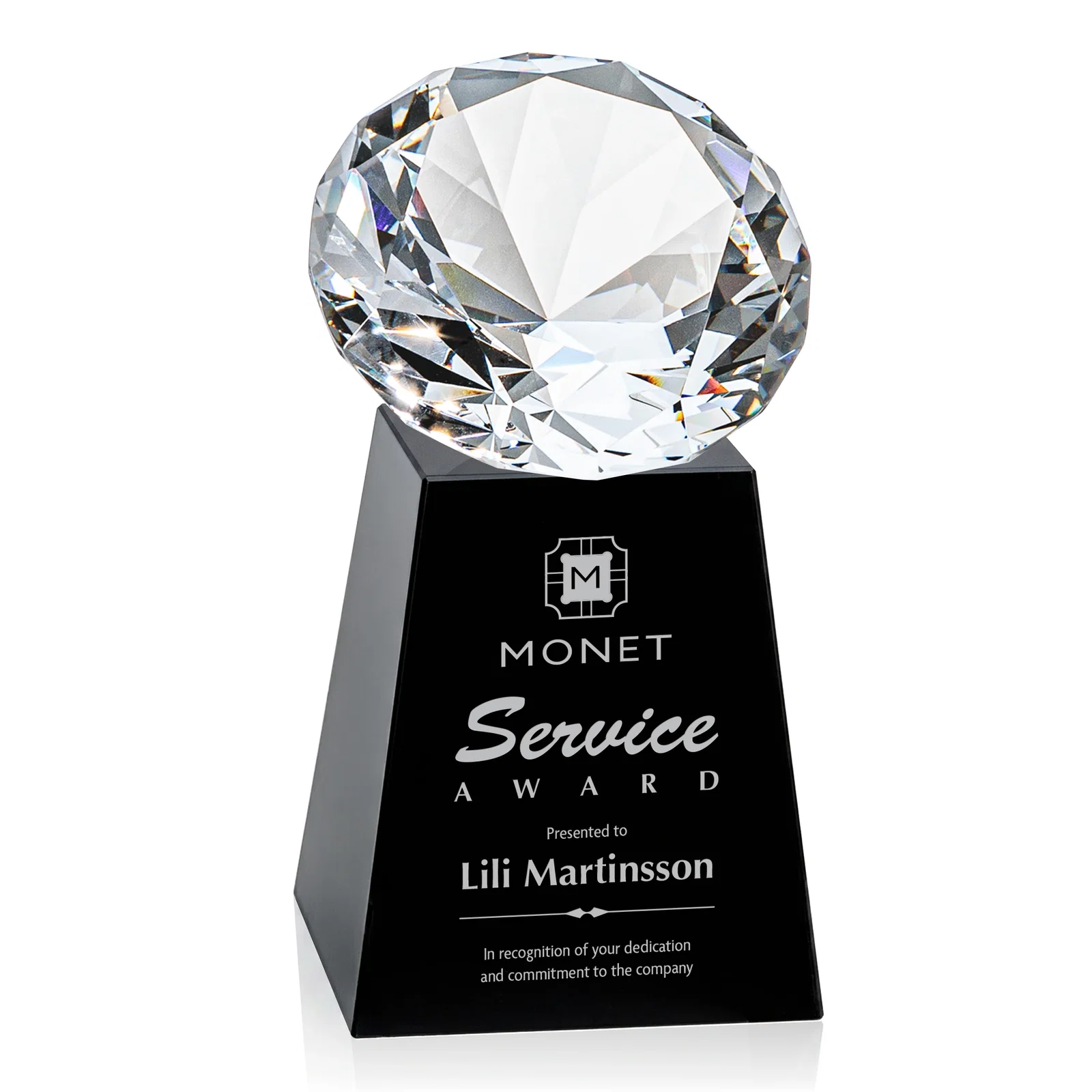 Custom printed Optical Crystal Gemstone Award with 1.5 x 2 Inch Compact Panel for donor appreciation