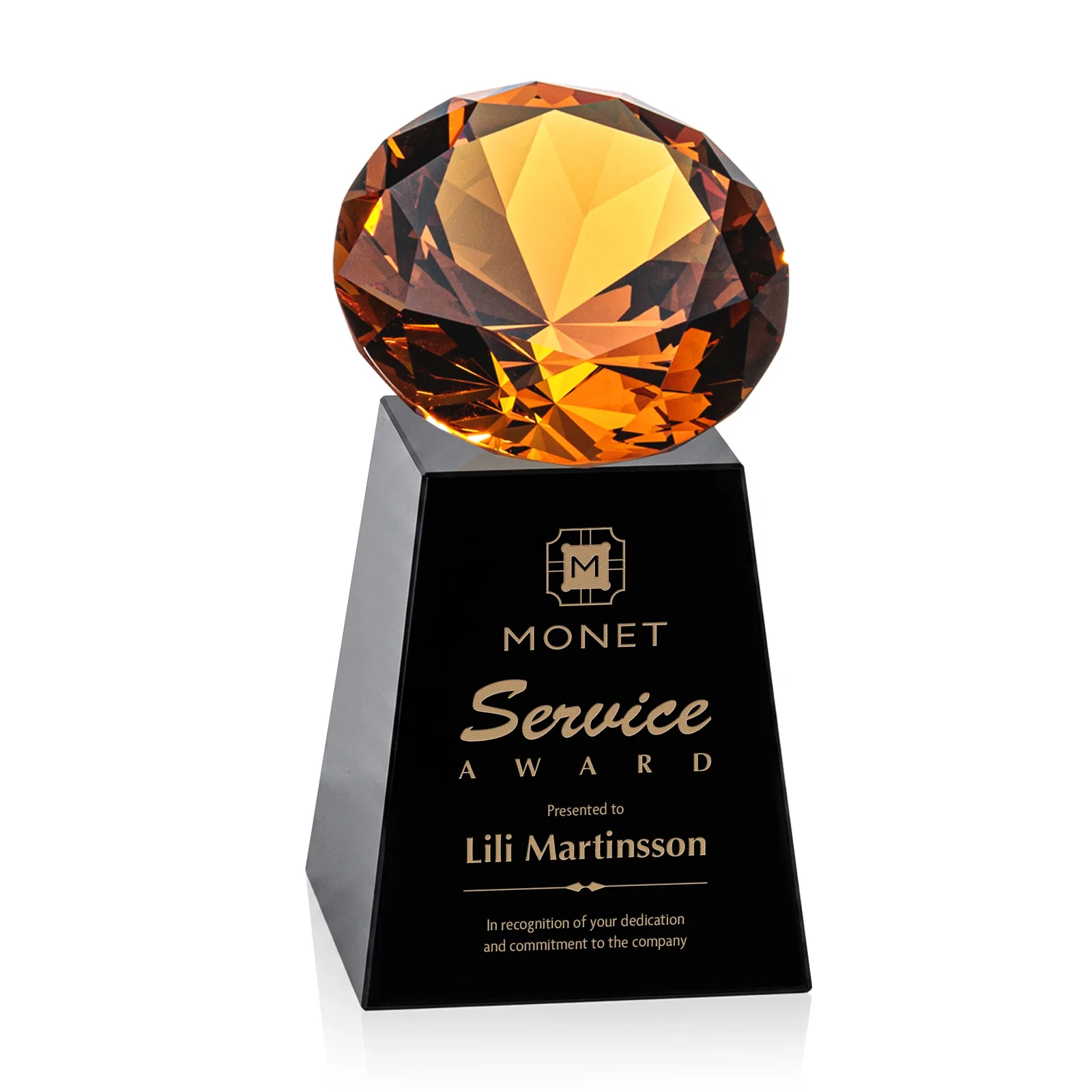 Custom printed Optical Crystal Gemstone Award with 1.5 x 2 Inch Compact Panel for company anniversary events