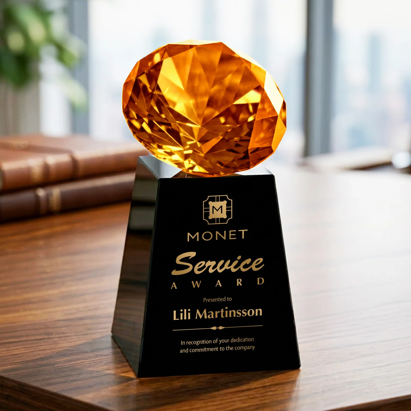Customized Optical Crystal Gemstone Award with 1.5 x 2 Inch Compact Panel for corporate award ceremonies