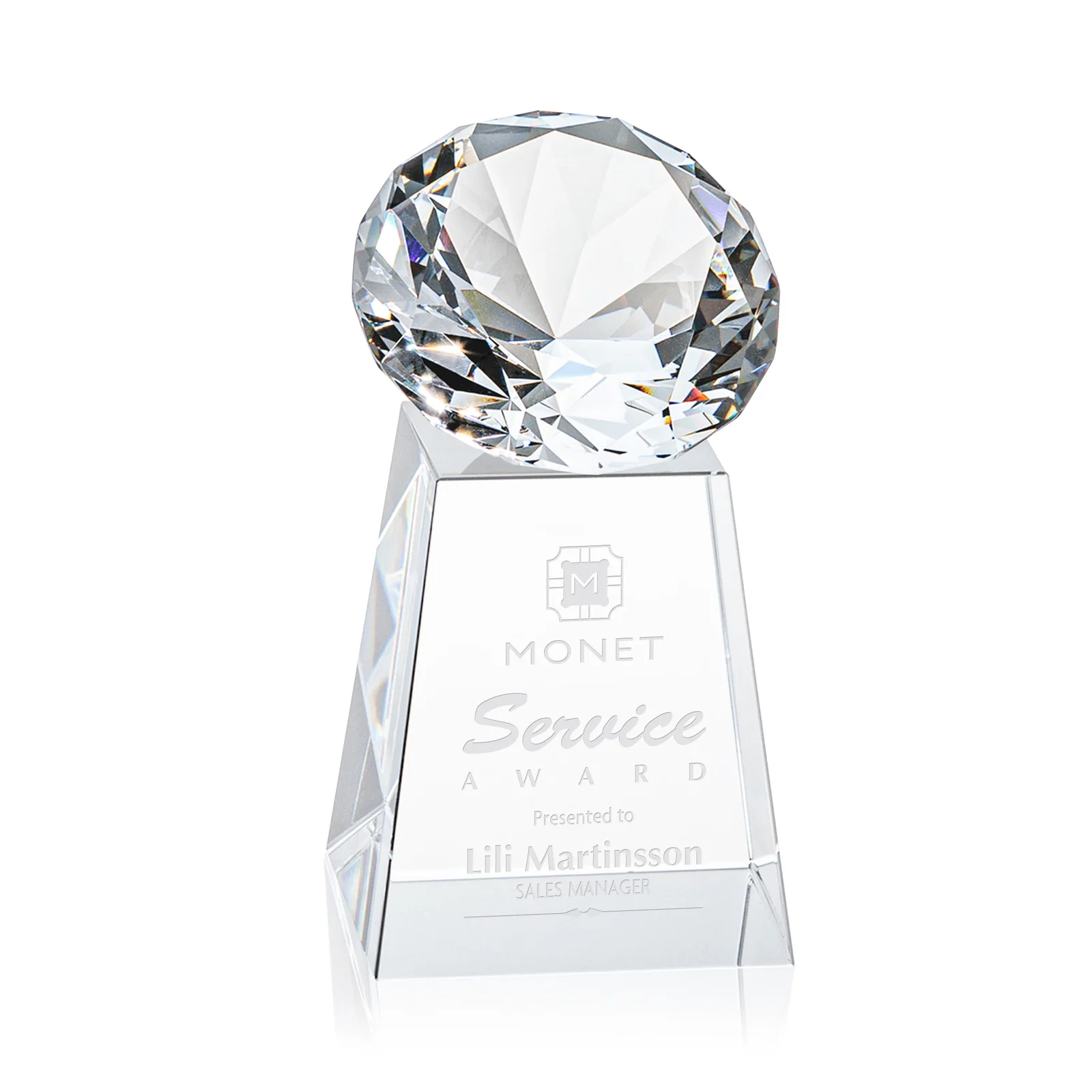 Custom Optical Crystal Gemstone Award with 1.5 x 2 Inch Compact Panel for graduation ceremonies