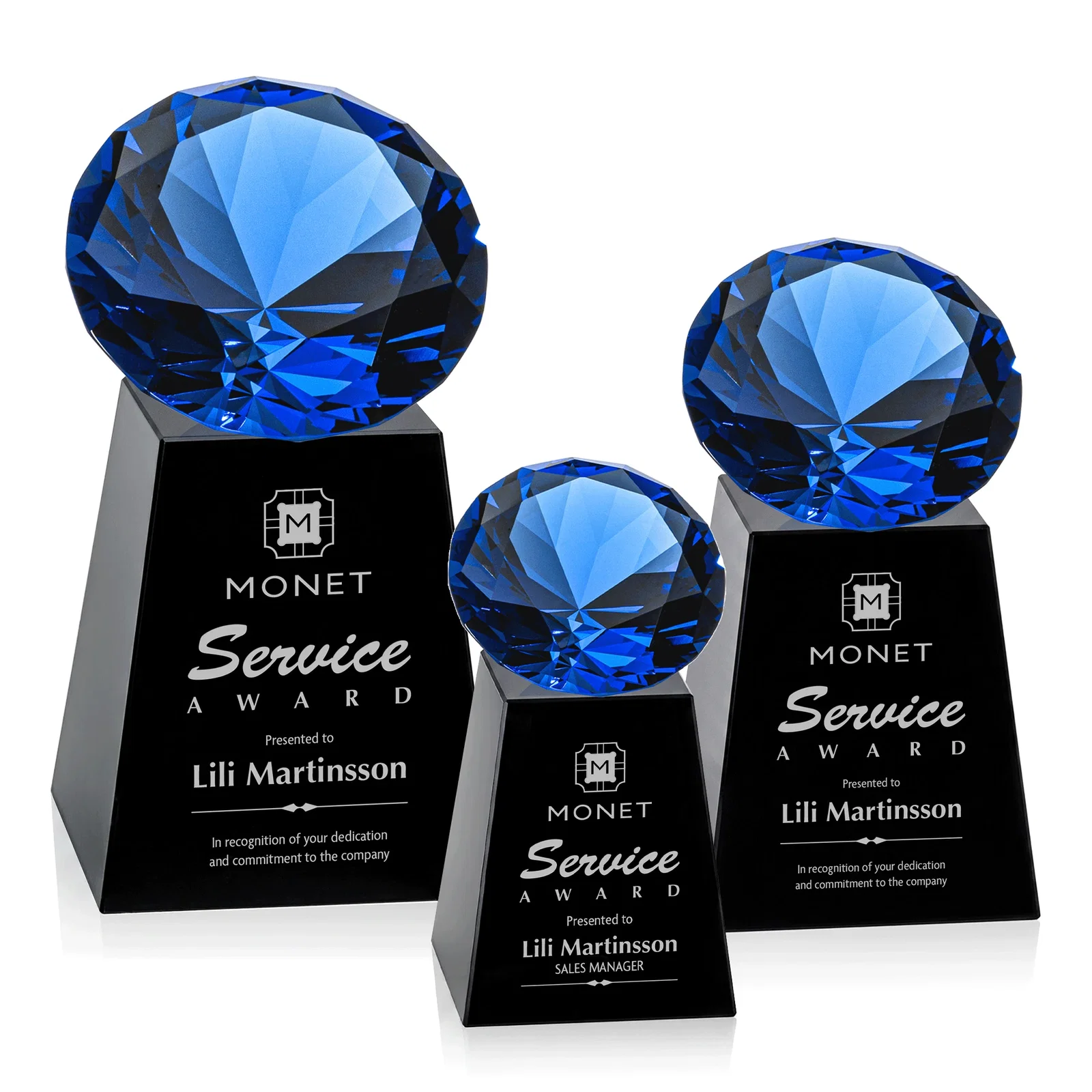 Custom engraved Optical Crystal Gemstone Award with 1.5 x 2 Inch Compact Panel for employee recognition