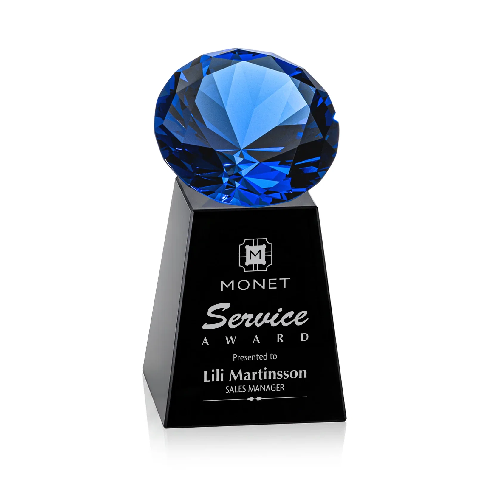 Custom engraved Optical Crystal Gemstone Award with 1.5 x 2 Inch Compact Panel for corporate award ceremonies
