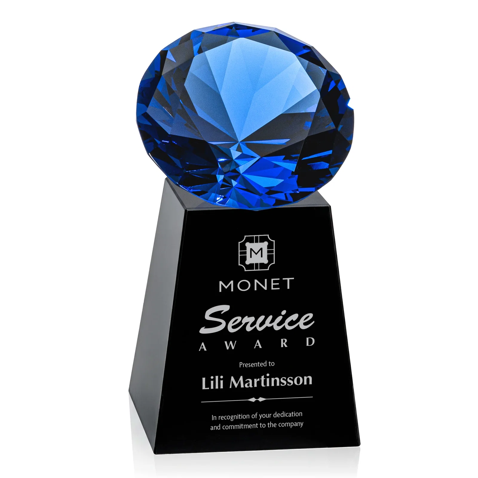 Custom engraved Optical Crystal Gemstone Award with 1.5 x 2 Inch Compact Panel for sales achievement awards