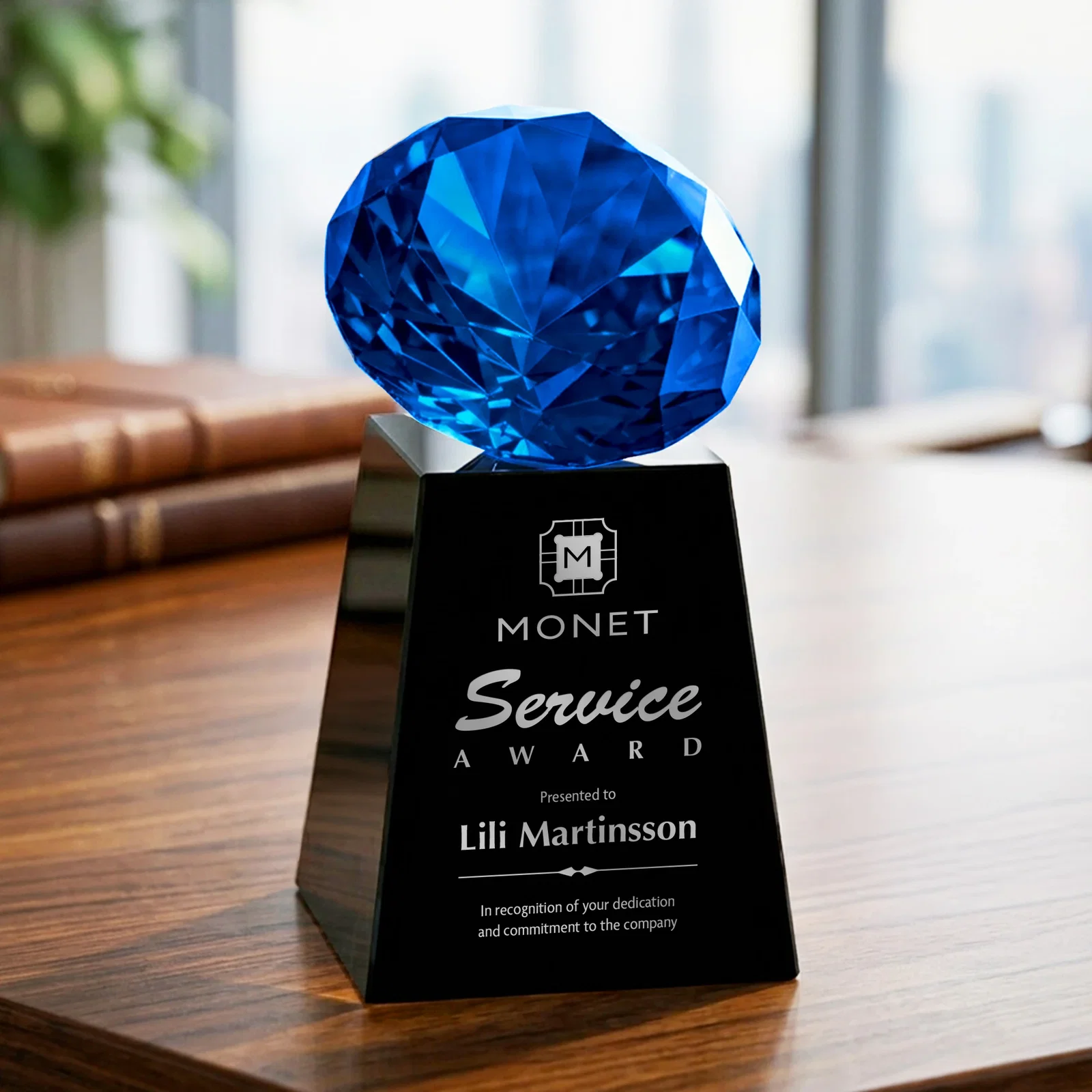 Custom engraved Optical Crystal Gemstone Award with 1.5 x 2 Inch Compact Panel for retirement presentations