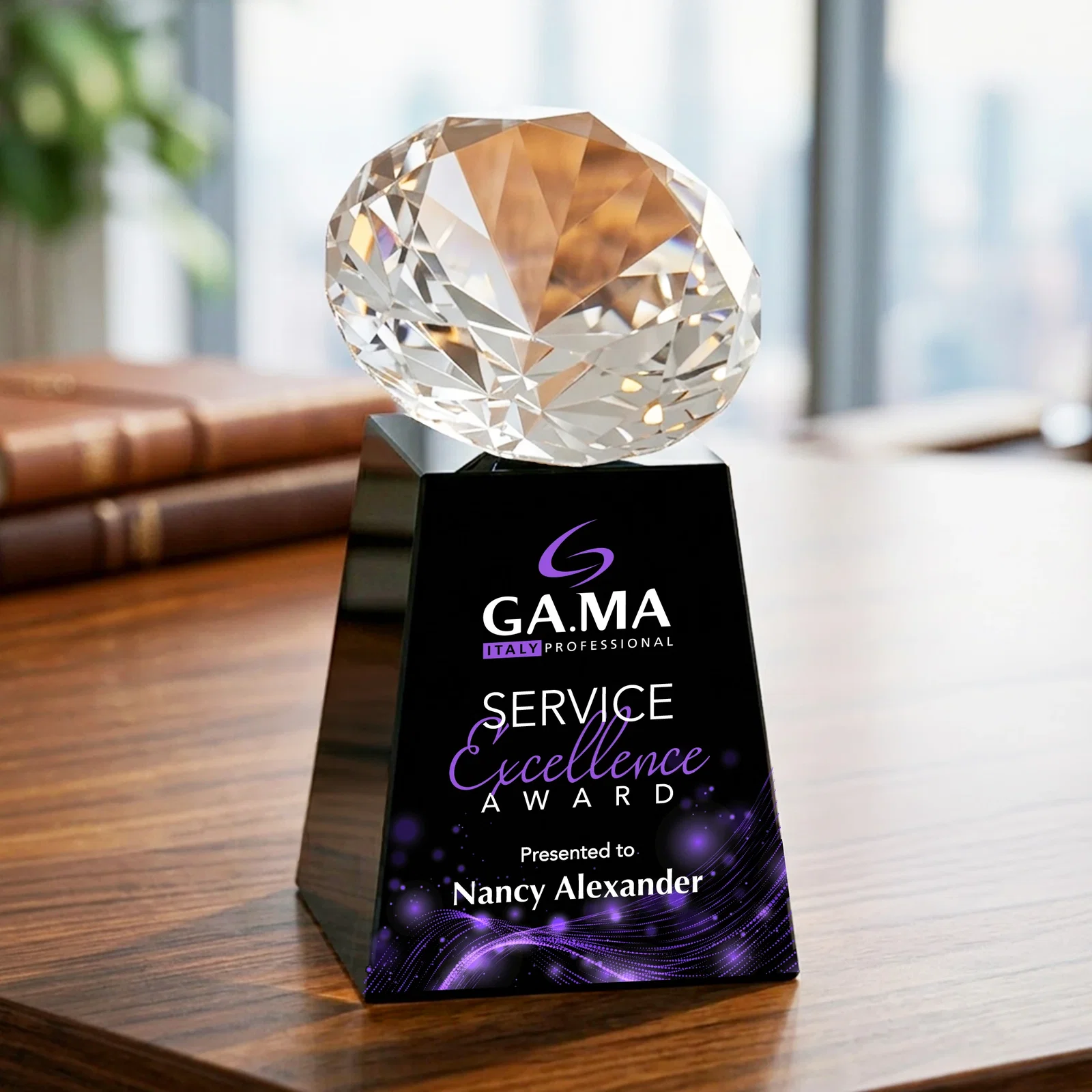 Custom engraved Optical Crystal Gemstone Award with 1.5 x 2 Inch Compact Panel for volunteer appreciation