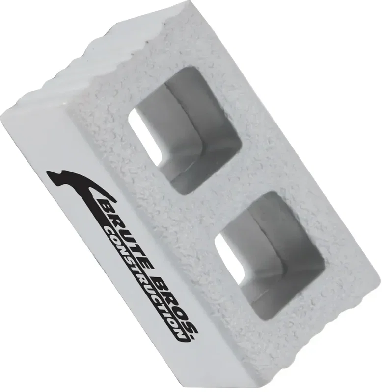 Custom Cement Block Stress Reliever shaped like a cinder block, molded foam with promotional logo