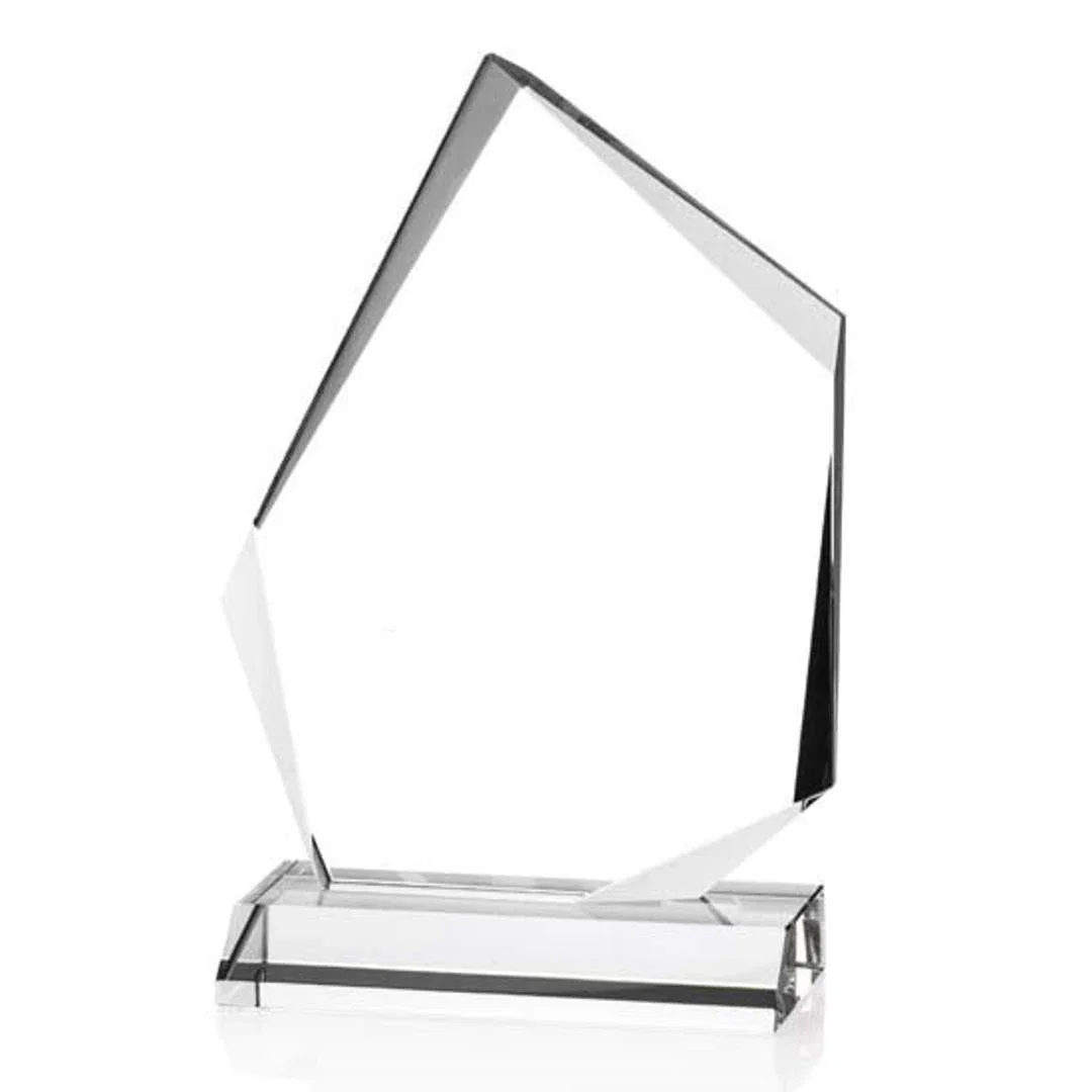 Custom Starfire Crystal Award with Large Triangular Bevels on Matching Base for corporate award ceremonies