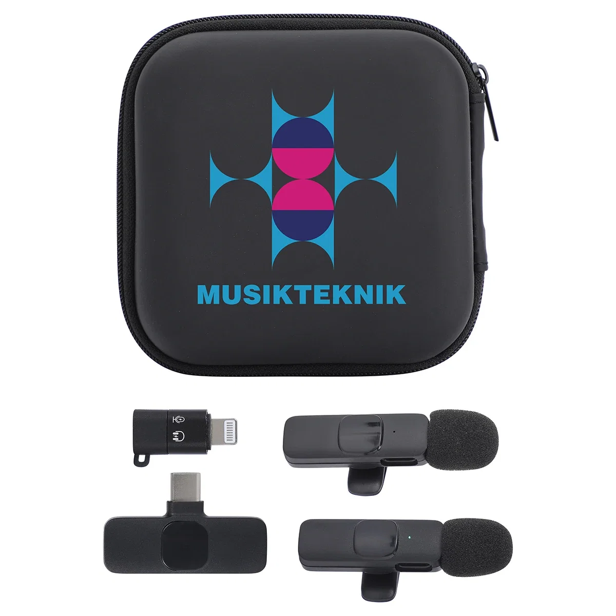 Custom Center Stage Portable Wireless Lavalier Microphone set, front view of both branded mics