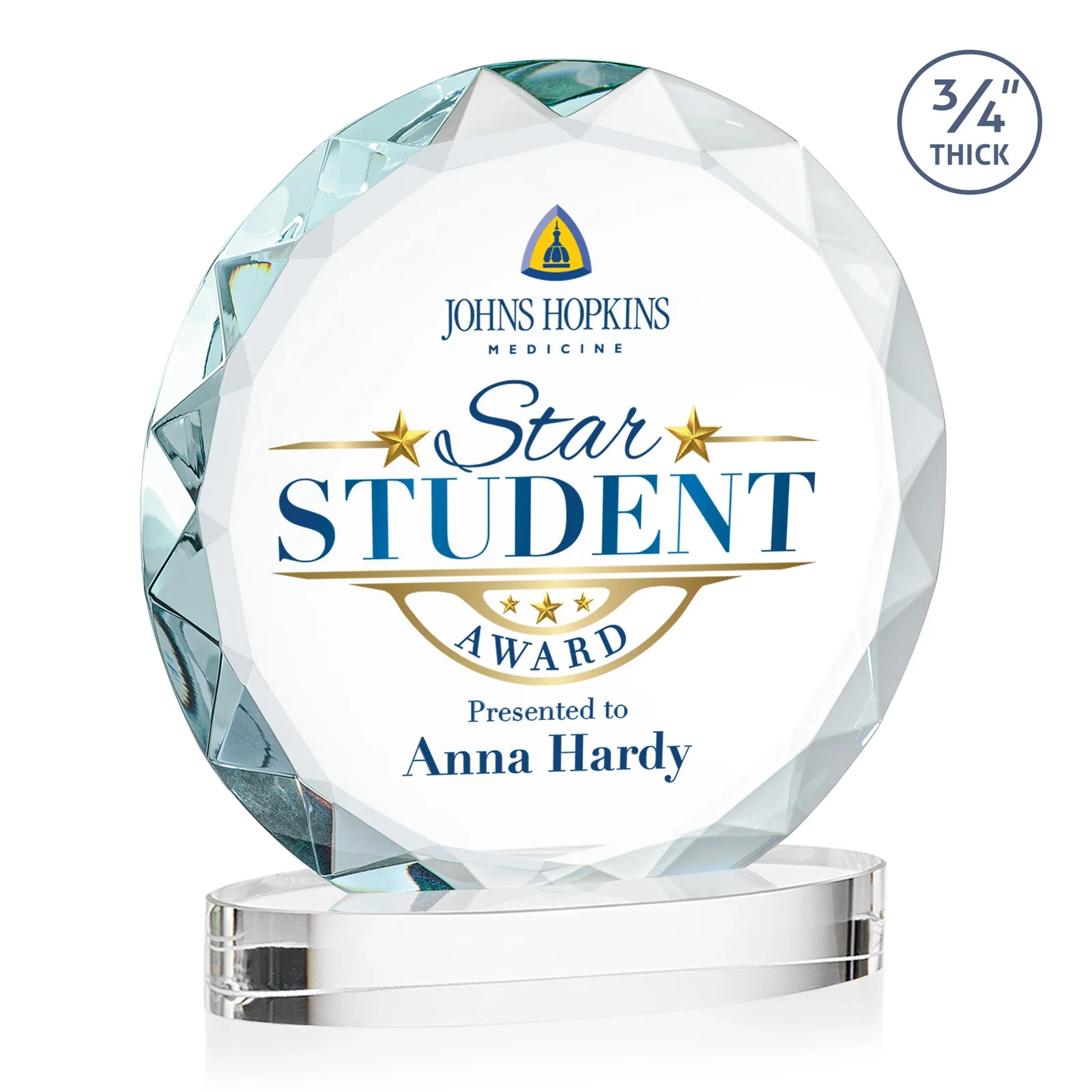 Personalized Starfire Crystal Award With Gemstone Facets on an Oval Crystal Base, awards for company anniversary events