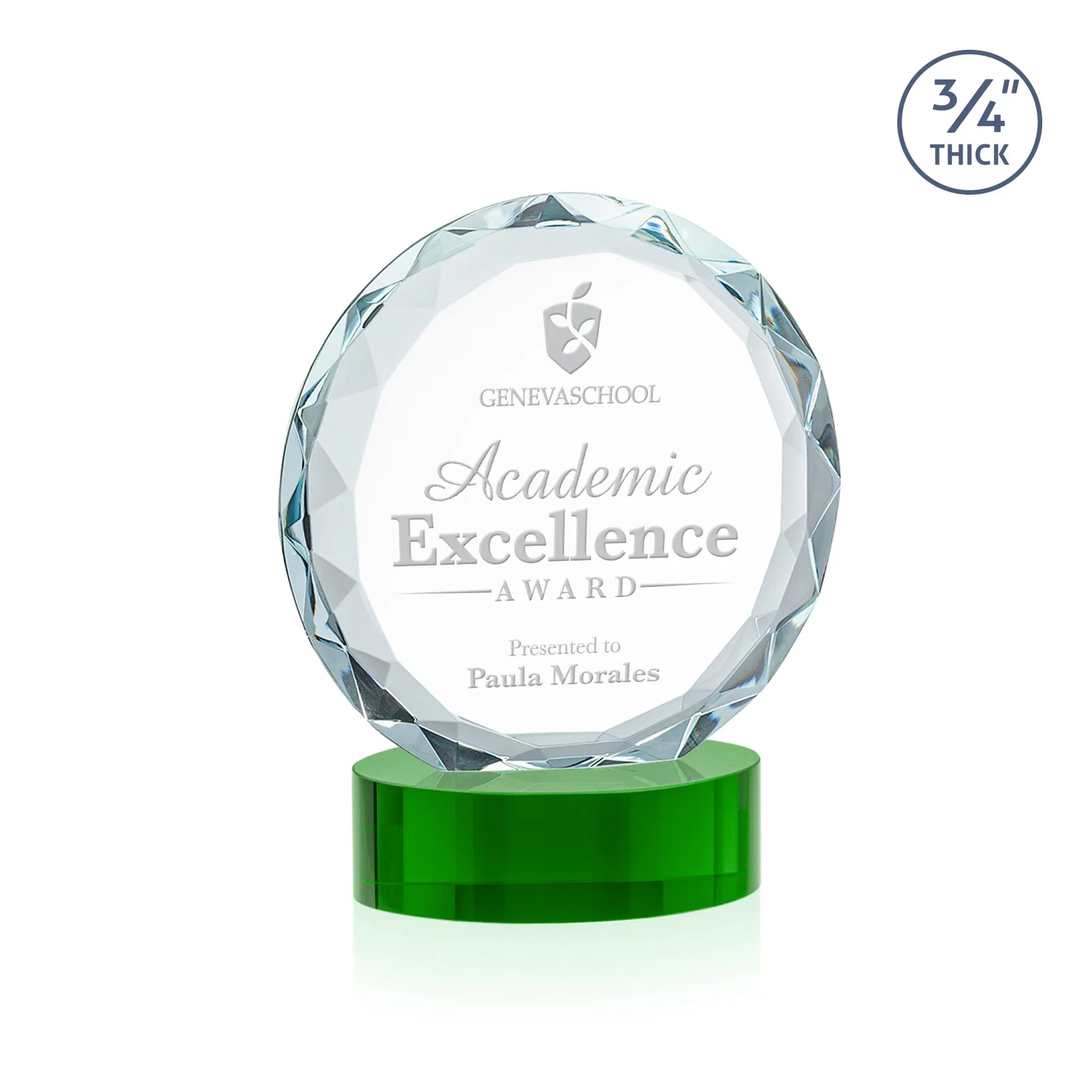 Custom printed Starfire Crystal Award With Gemstone Facets on an Oval Crystal Base, awards for corporate award ceremonies