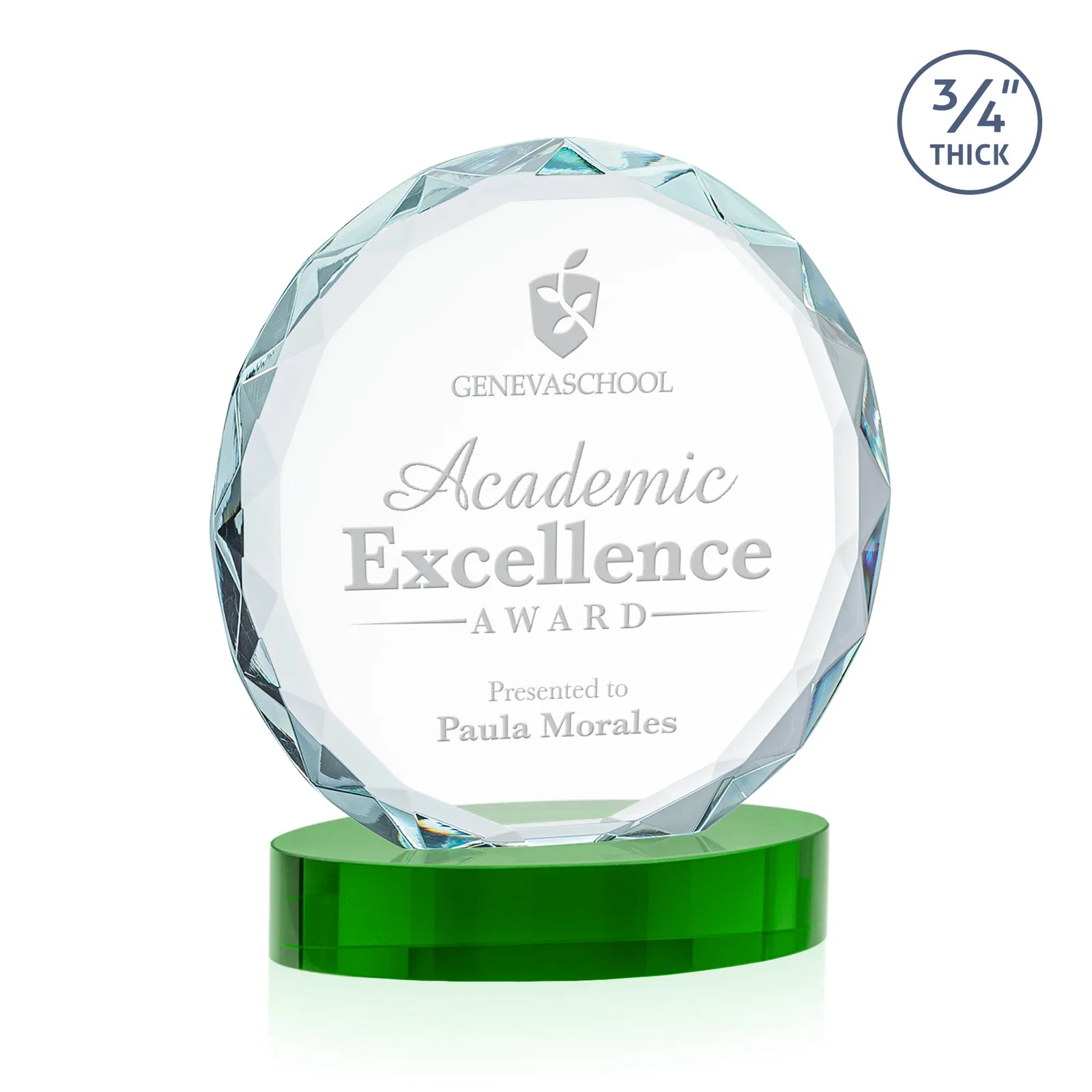 Custom printed Starfire Crystal Award With Gemstone Facets on an Oval Crystal Base, awards for sales achievement awards