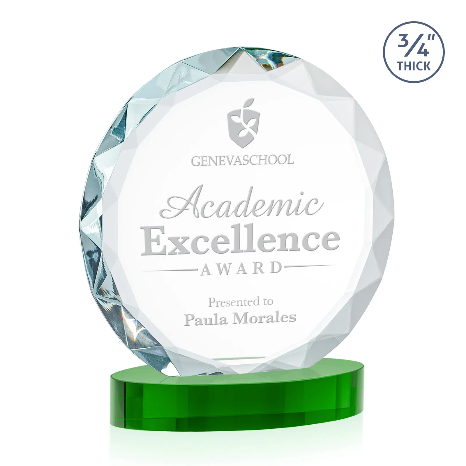 Custom printed Starfire Crystal Award With Gemstone Facets on an Oval Crystal Base, awards for retirement presentations