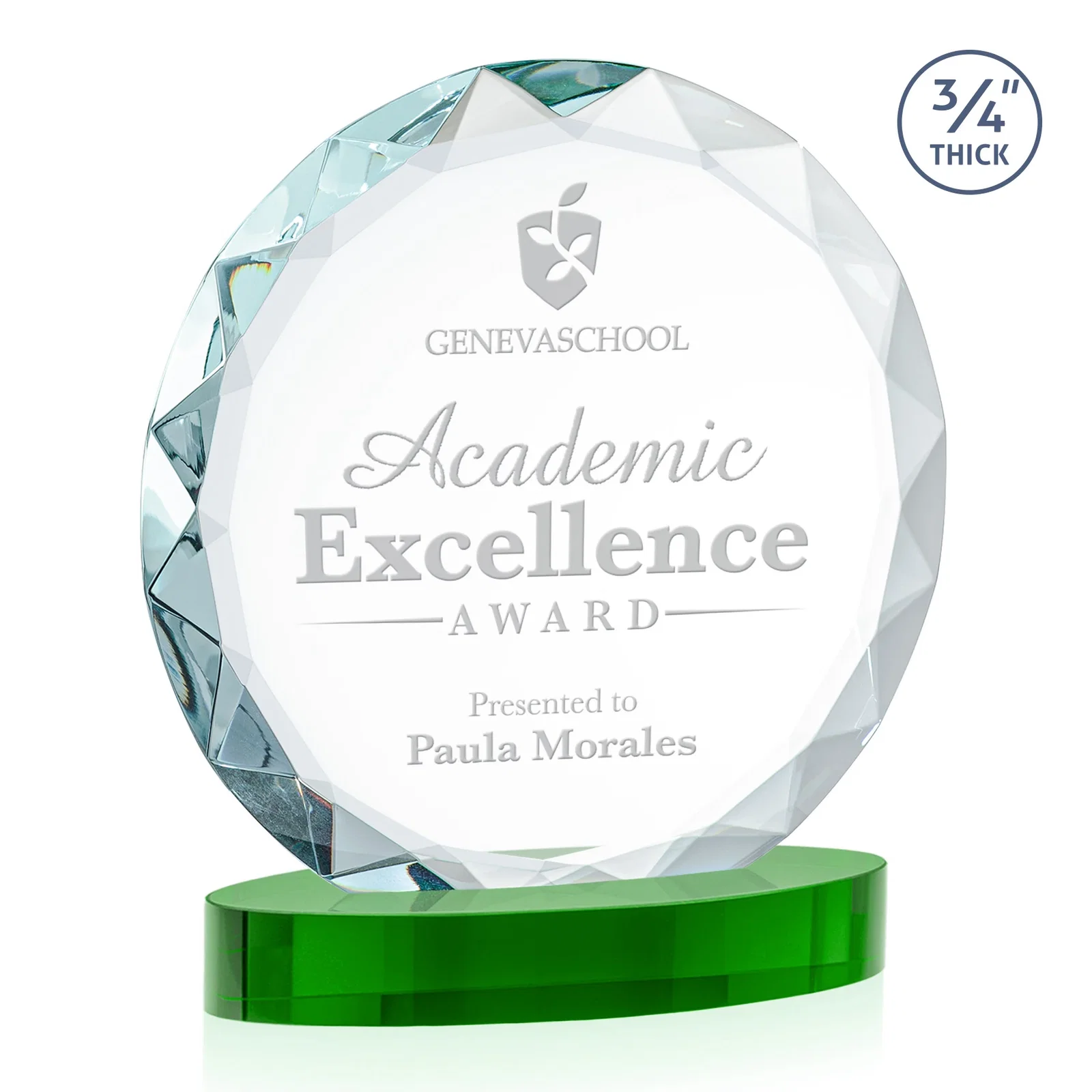 Custom printed Starfire Crystal Award With Gemstone Facets on an Oval Crystal Base, awards for team milestone celebrations