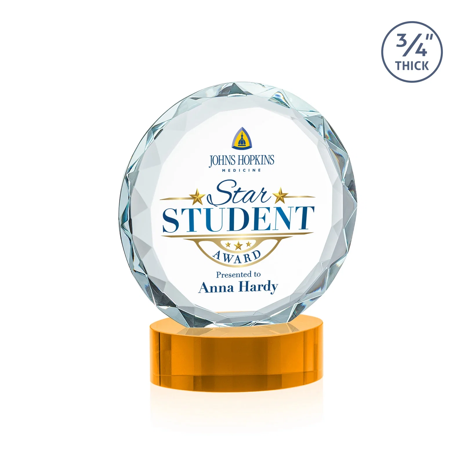 Custom engraved Starfire Crystal Award With Gemstone Facets on an Oval Crystal Base, awards for corporate award ceremonies