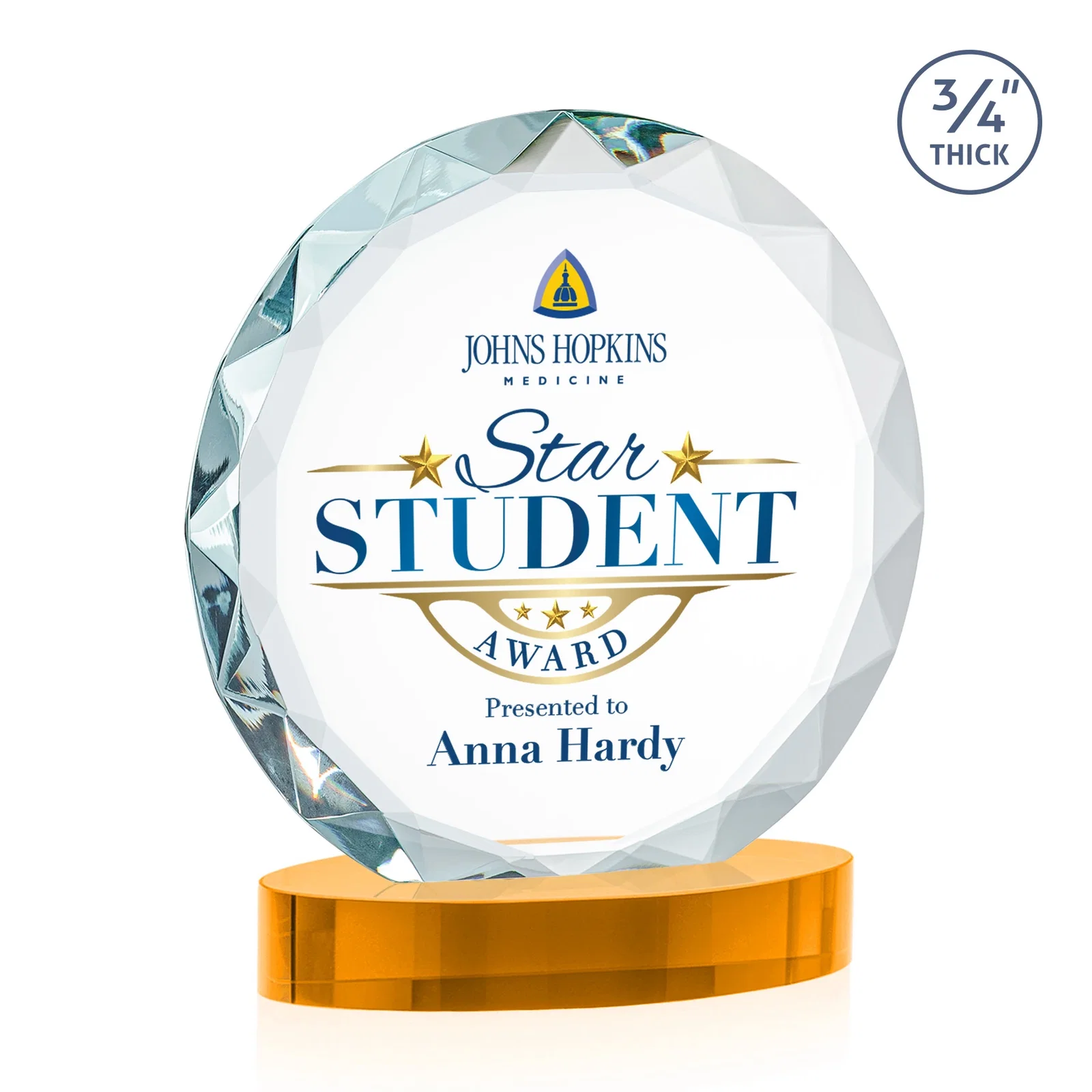 Custom engraved Starfire Crystal Award With Gemstone Facets on an Oval Crystal Base, awards for retirement presentations