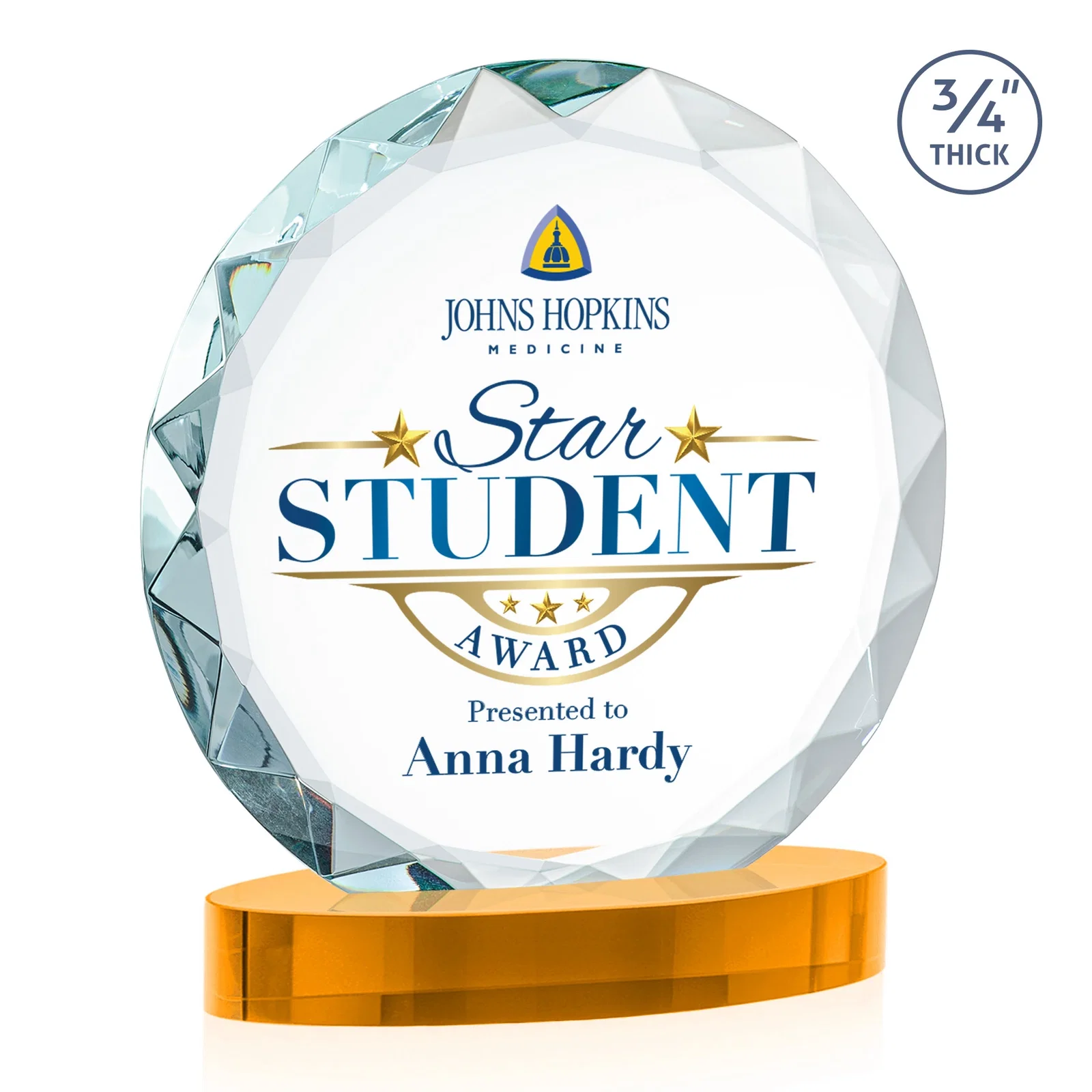 Custom engraved Starfire Crystal Award With Gemstone Facets on an Oval Crystal Base, awards for team milestone celebrations
