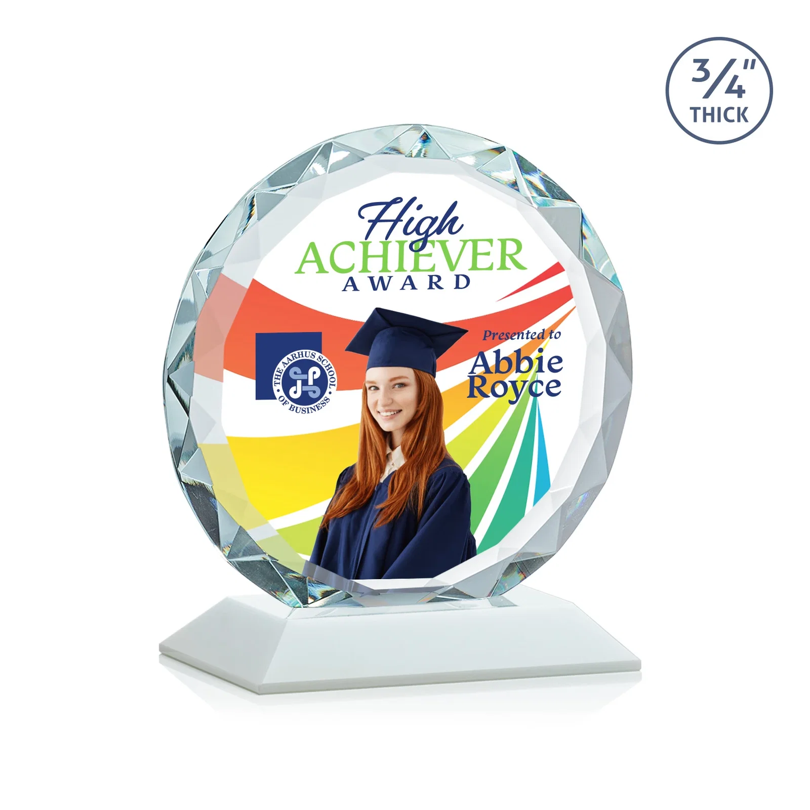 Custom Starfire Crystal Award With Gemstone Facets on a Wood or Crystal Base, with your logo for graduation ceremonies