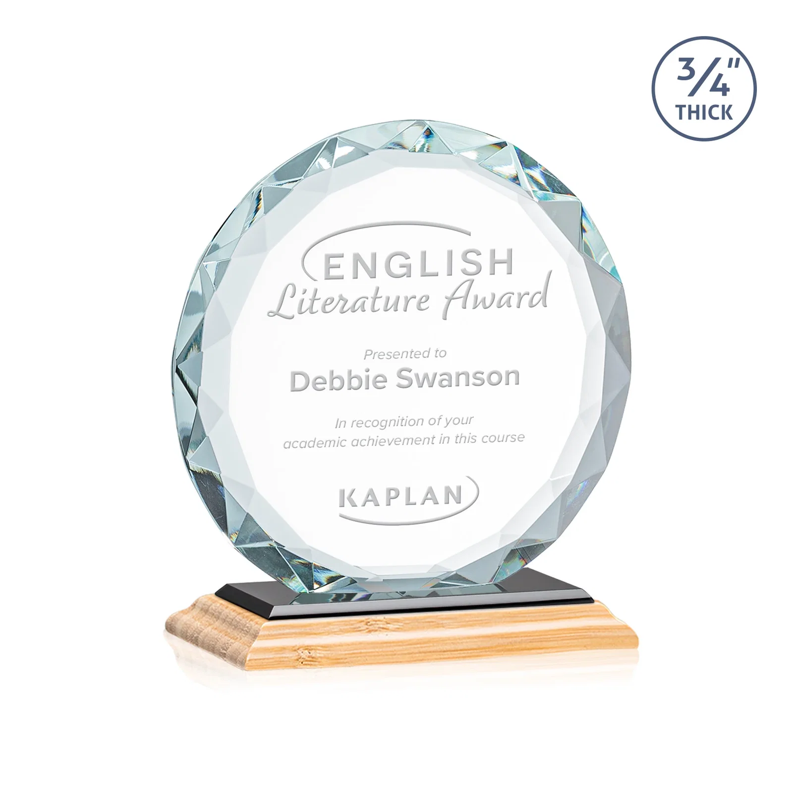 Personalized Starfire Crystal Award With Gemstone Facets on a Wood or Crystal Base, with your logo for corporate award ceremonies