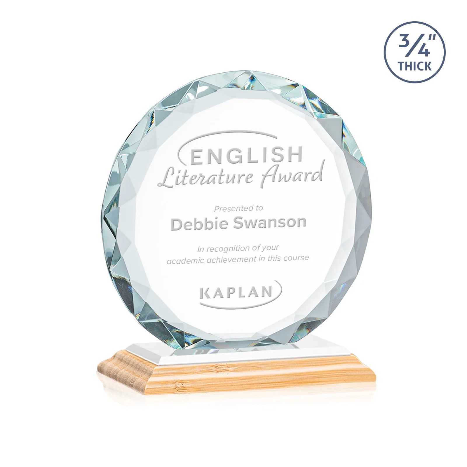 Personalized Starfire Crystal Award With Gemstone Facets on a Wood or Crystal Base, with your logo for graduation ceremonies