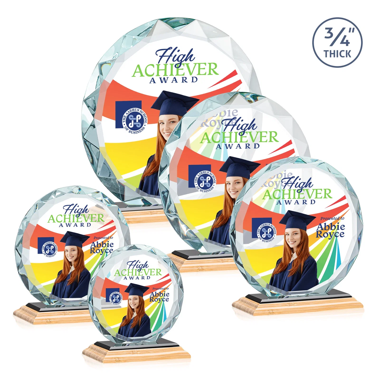 Personalized Starfire Crystal Award With Gemstone Facets on a Wood or Crystal Base, with your logo for company anniversary events