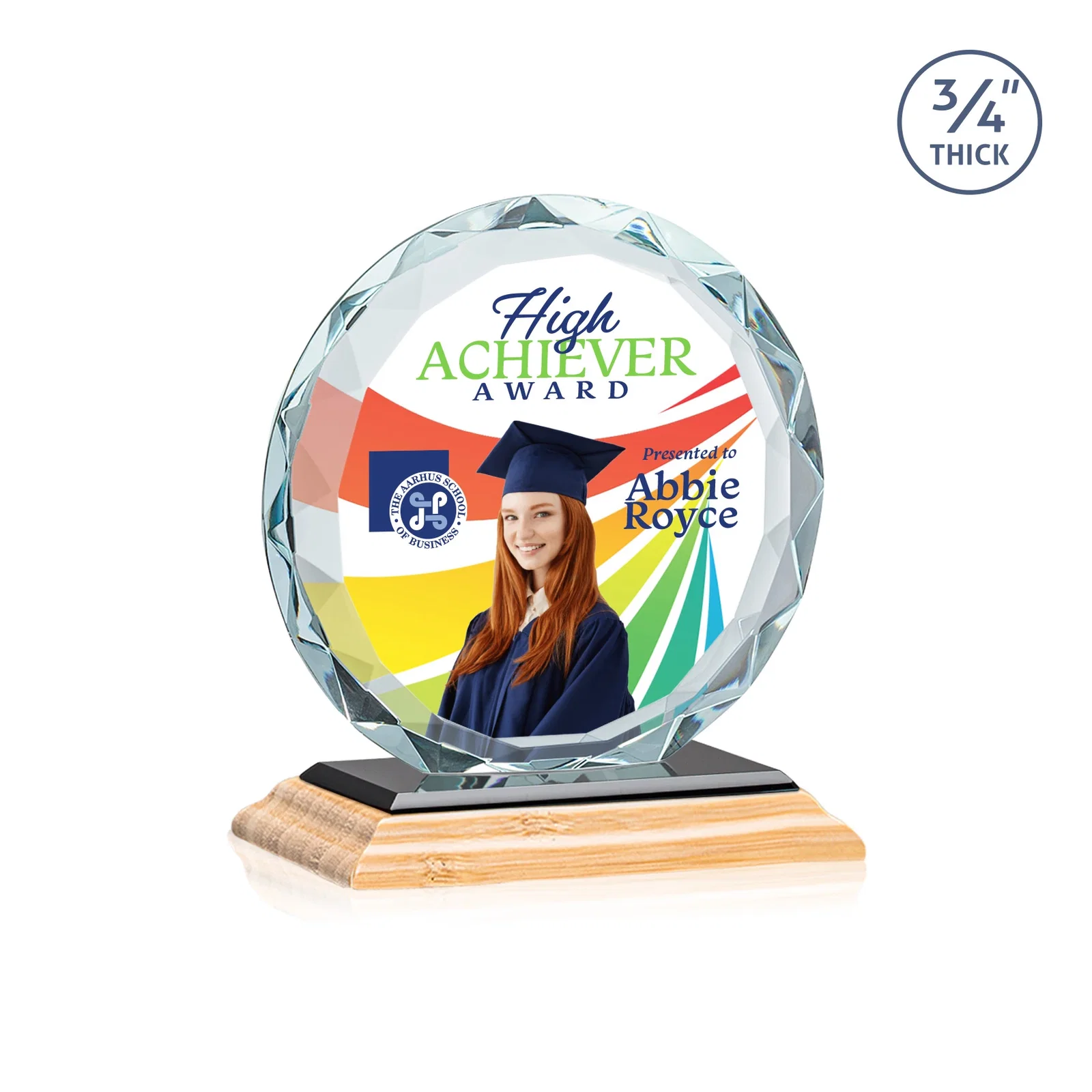 Promotional Starfire Crystal Award With Gemstone Facets on a Wood or Crystal Base, with your logo for employee recognition